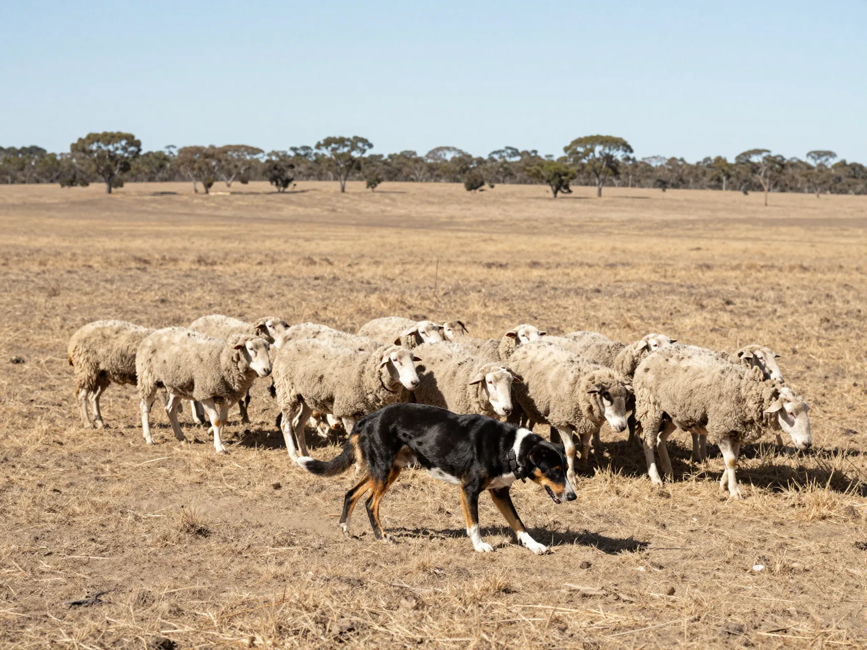 Mcnab shepherd gathering sheep in dry paddock