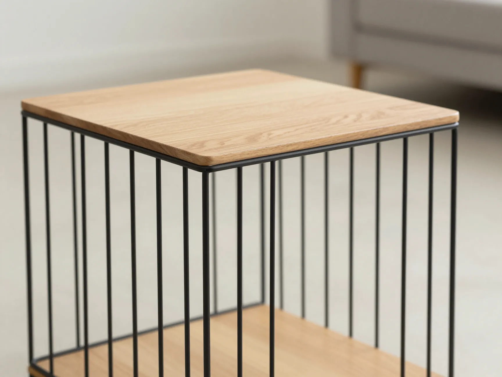 Minimalist black wire and light oak wood frame side table kennel