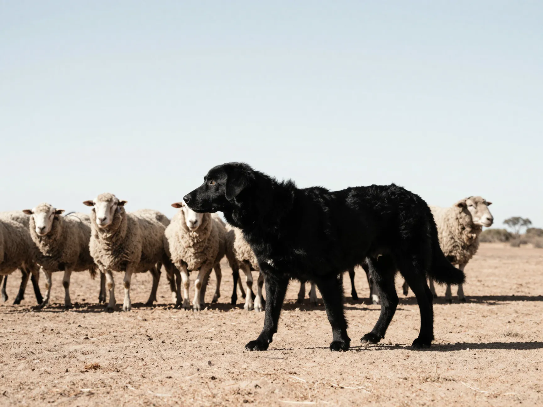 Black barb dog working sheep in high uv landscape