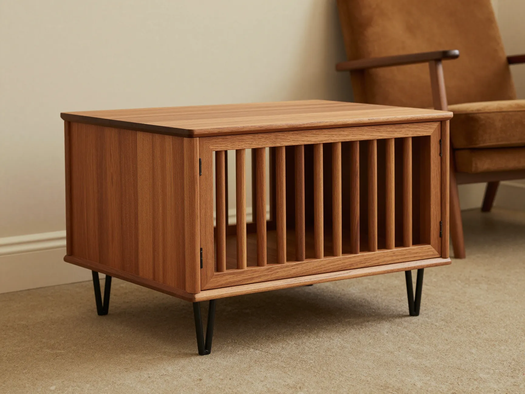 Mid century modern teak wood dog crate with black hairpin legs