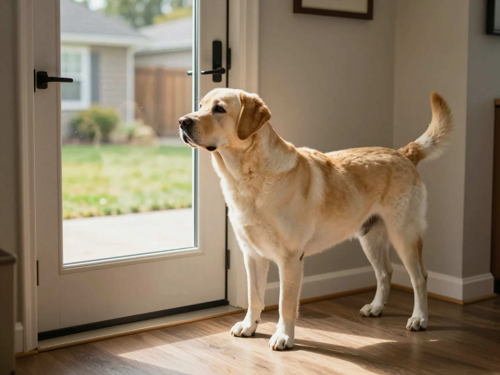 Protective yet friendly english labrador alert near a homes front door