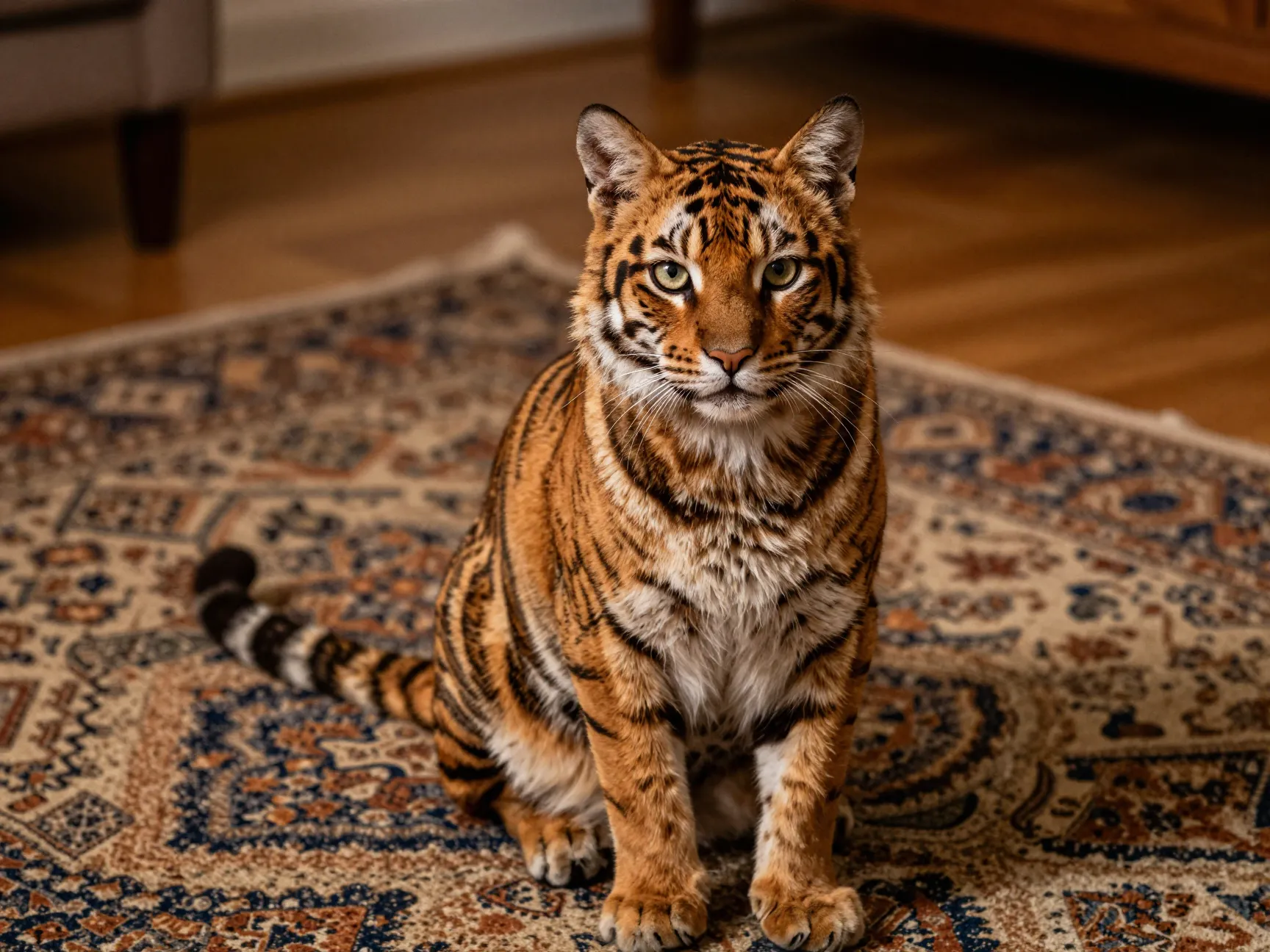 Toyger cat on rug with tiger stripes and circular head