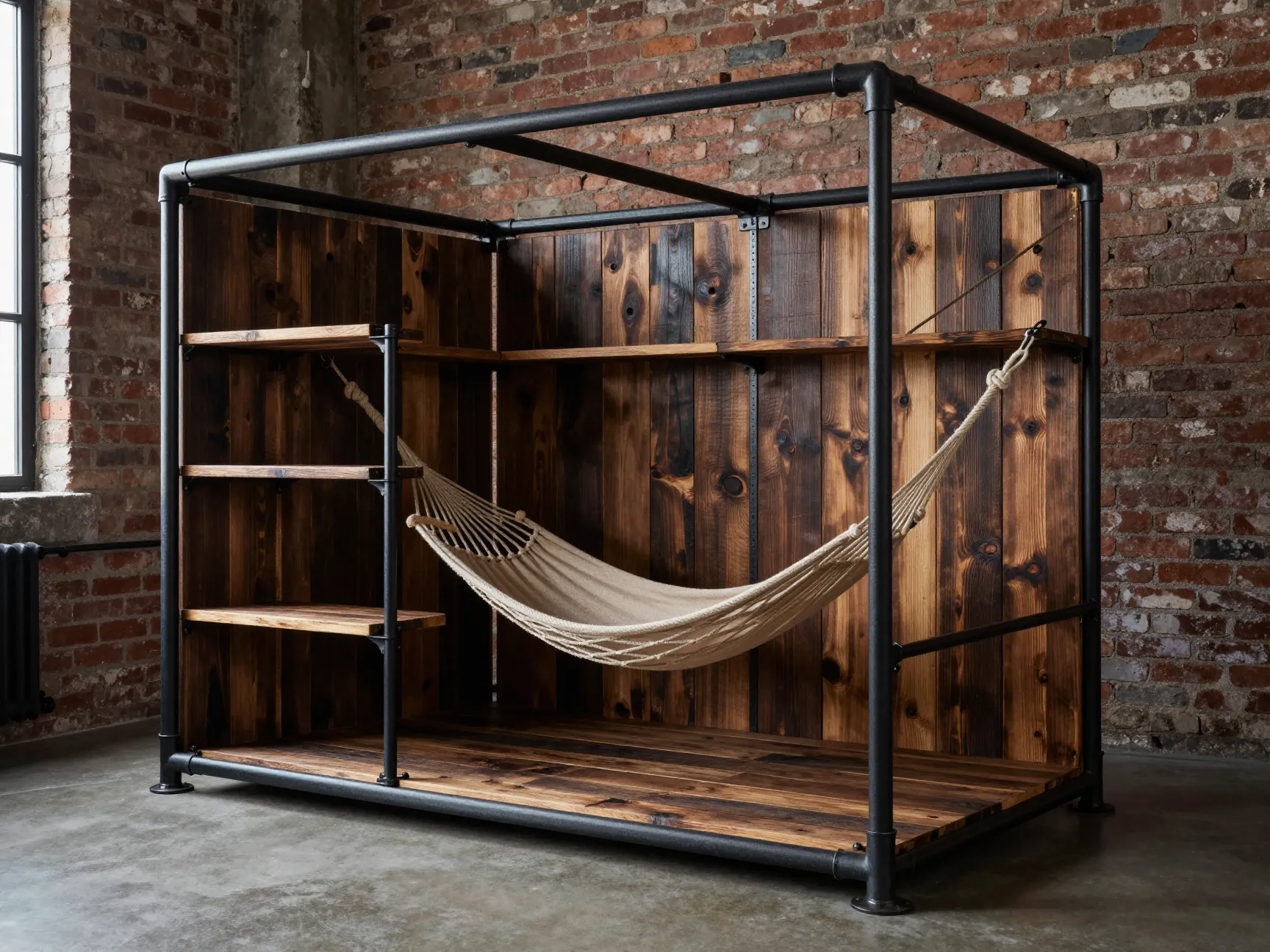 Industrial black iron pipe frame kennel with reclaimed wood shelving