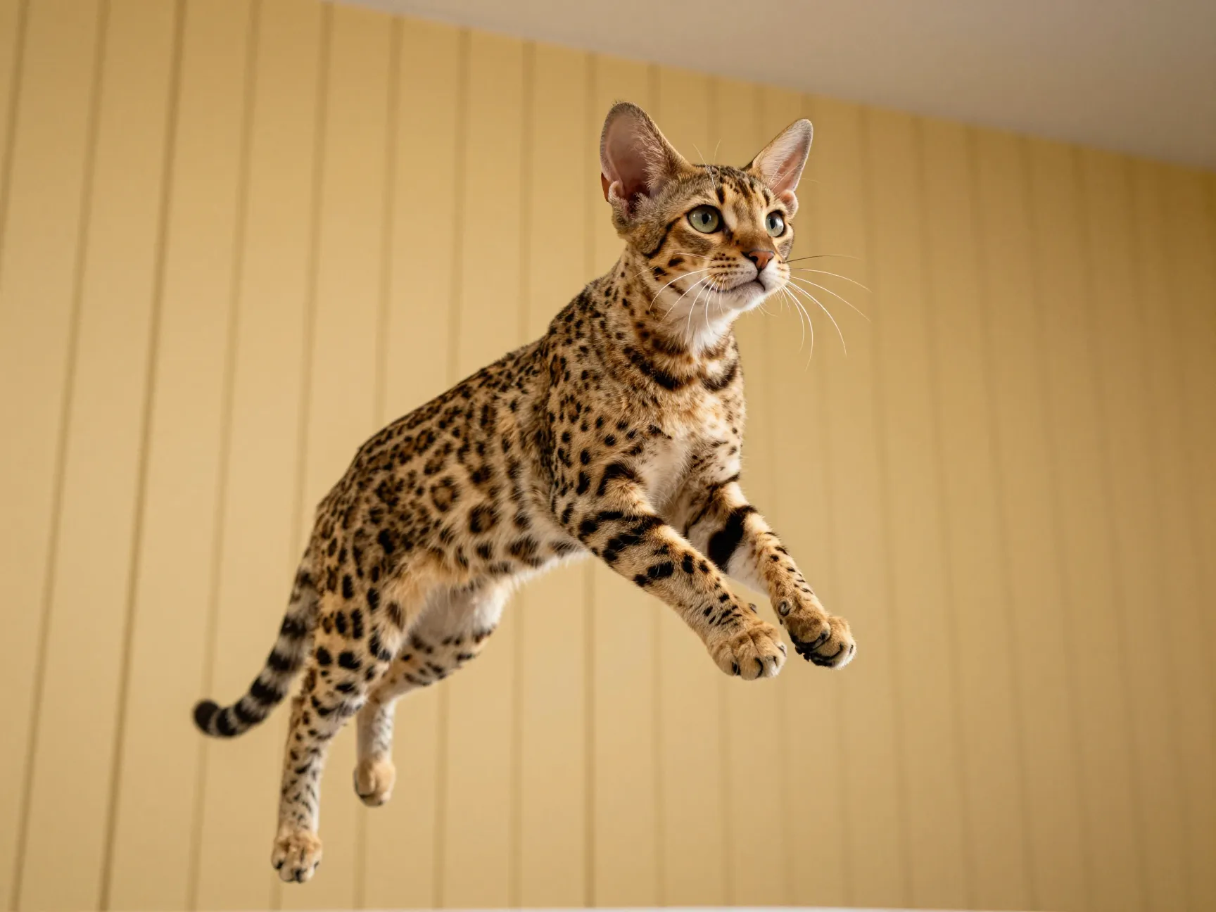 Serengeti cat jumping high with spotted coat and large ears