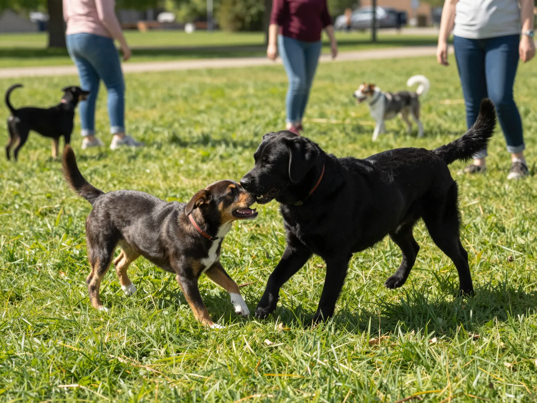 Sociable english labrador playing at a park with another friendly dog