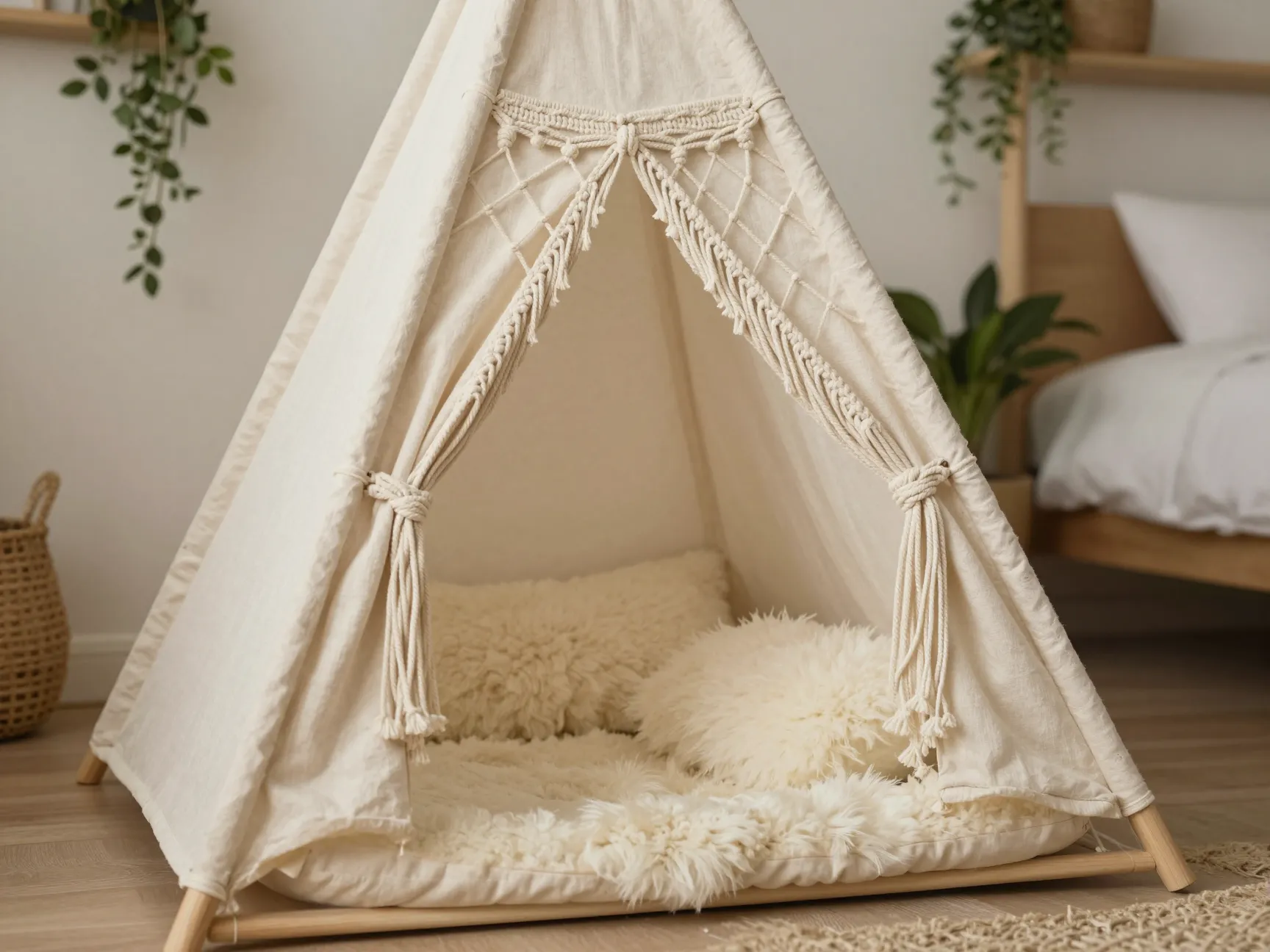 Bohemian cream macrame enclosed dog tent with layered cushions
