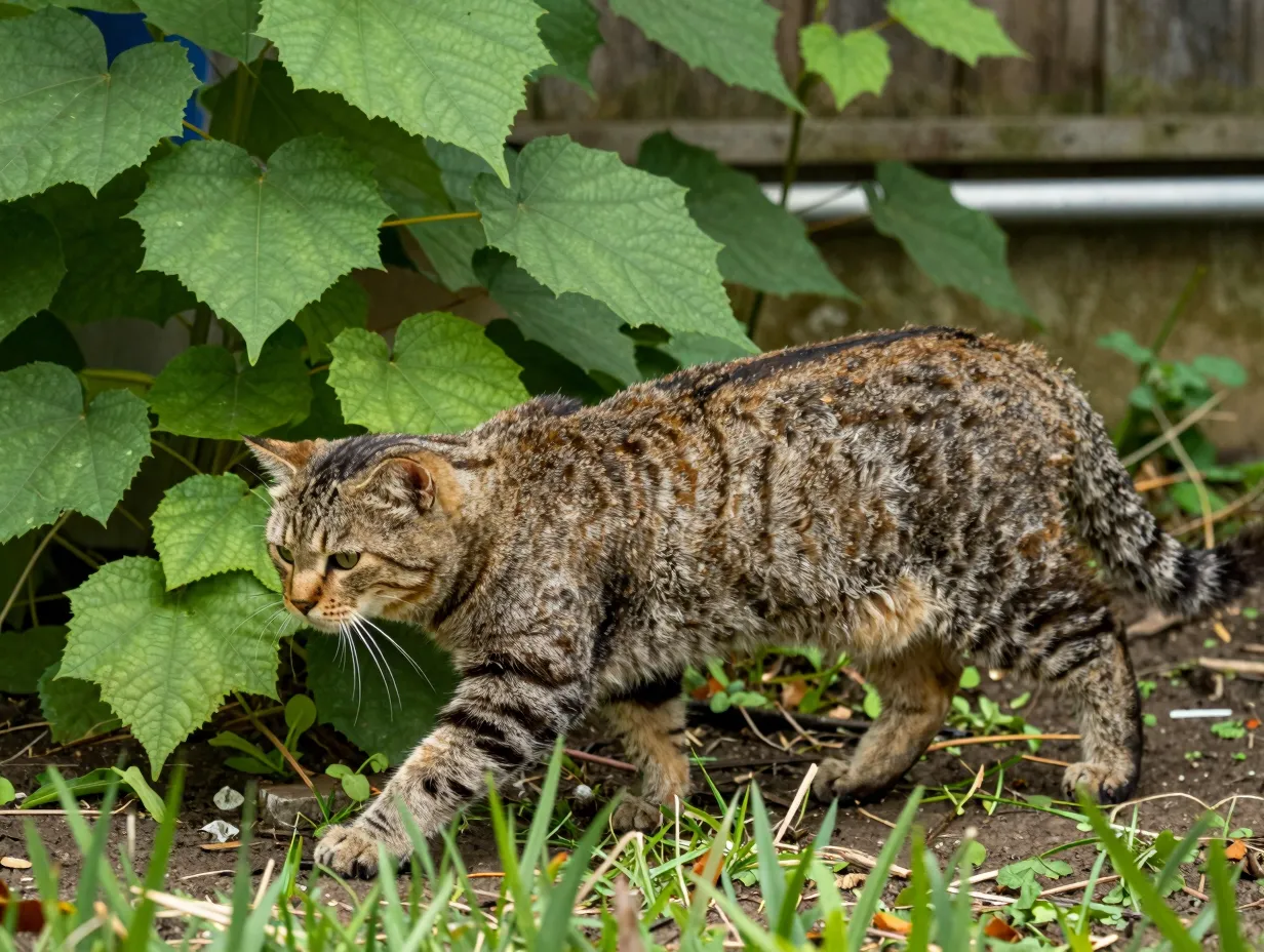 Chausie cat in garden with ticked tabby coat and lean build
