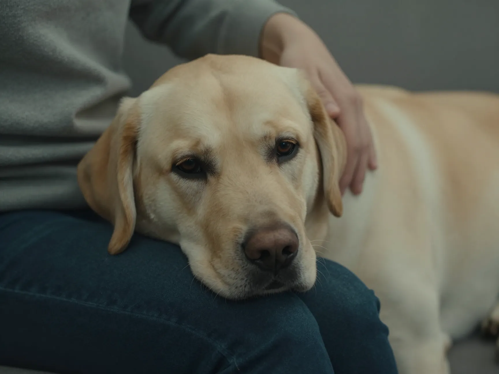 Emotionally sensitive english labrador comforting a sad person