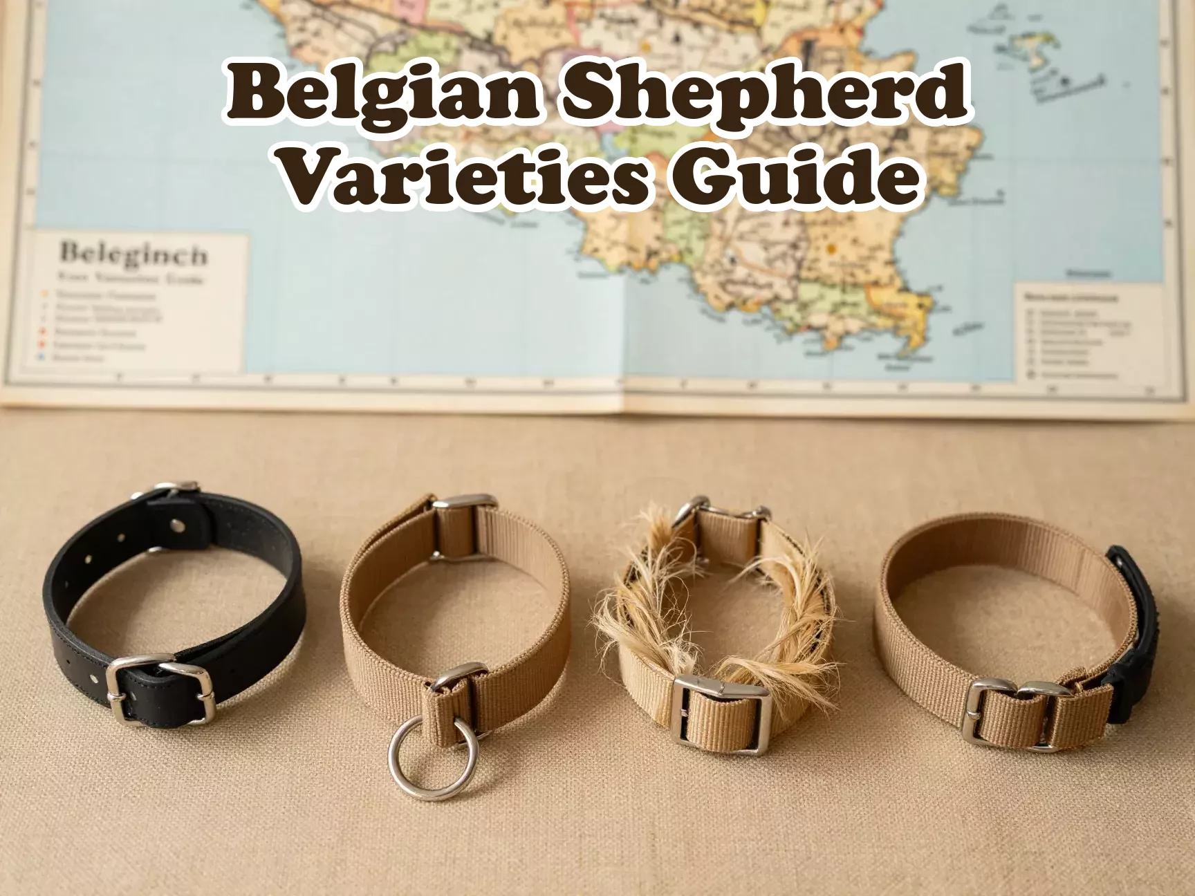 Four belgian shepherd dog collars on map aerial flatlay main