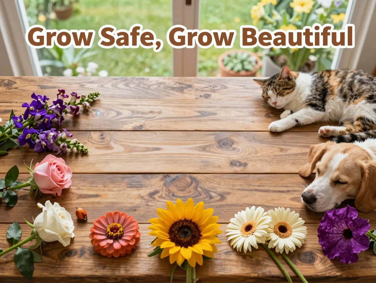 Pet safe flower flatlay with cat dog sleeping on wooden table