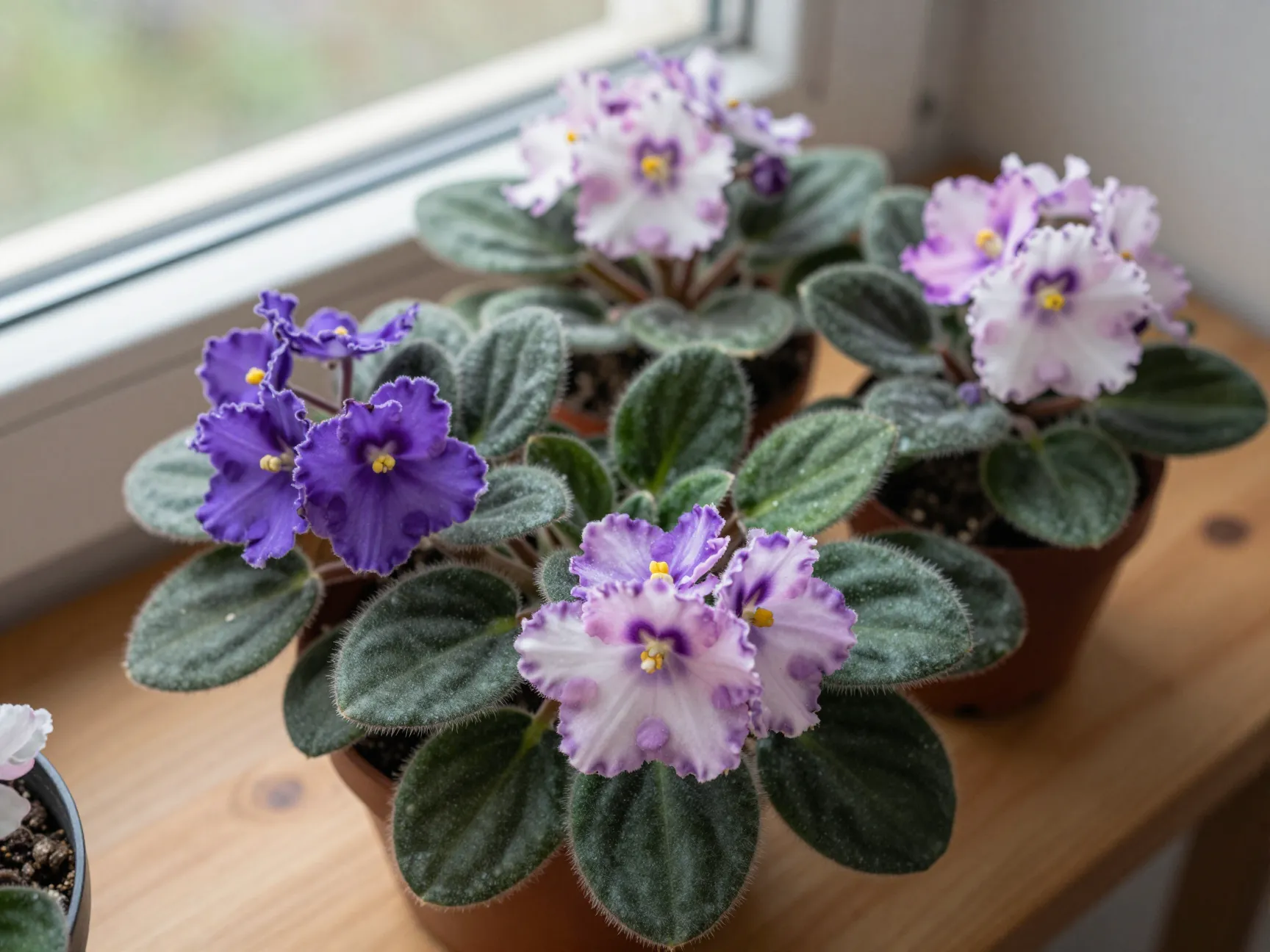 African violets indoor display with purple pink white blooms