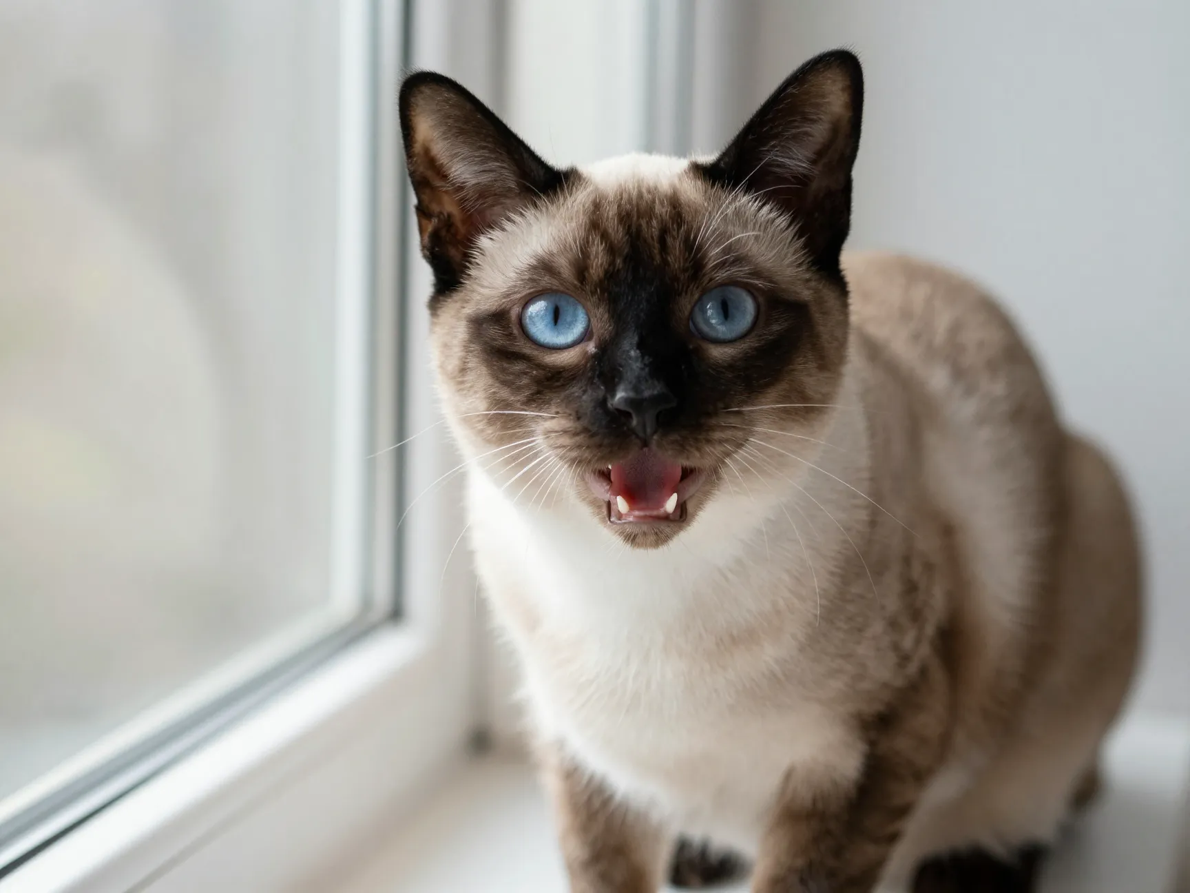 Siamese cat with seal point coat vocalizing on a windowsill