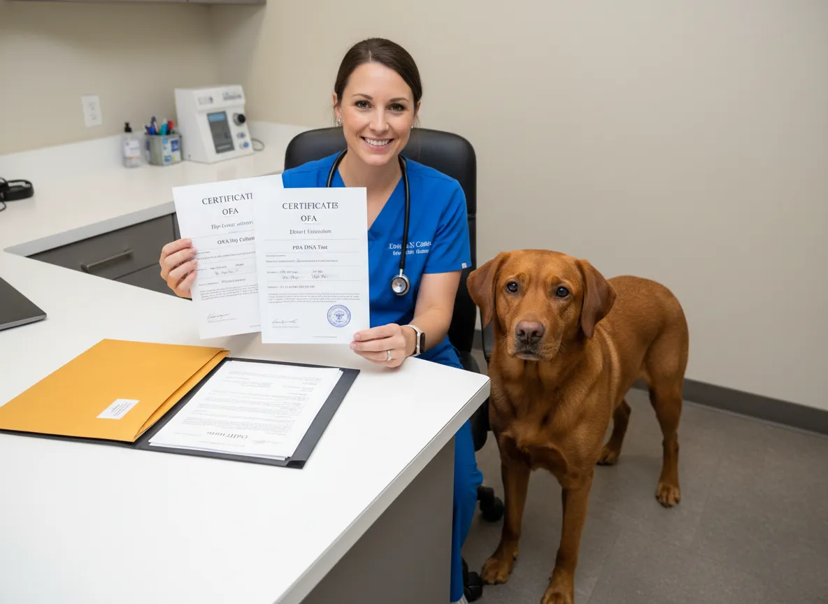 Veterinarian reviewing fox red lab parent health certifications with breeder