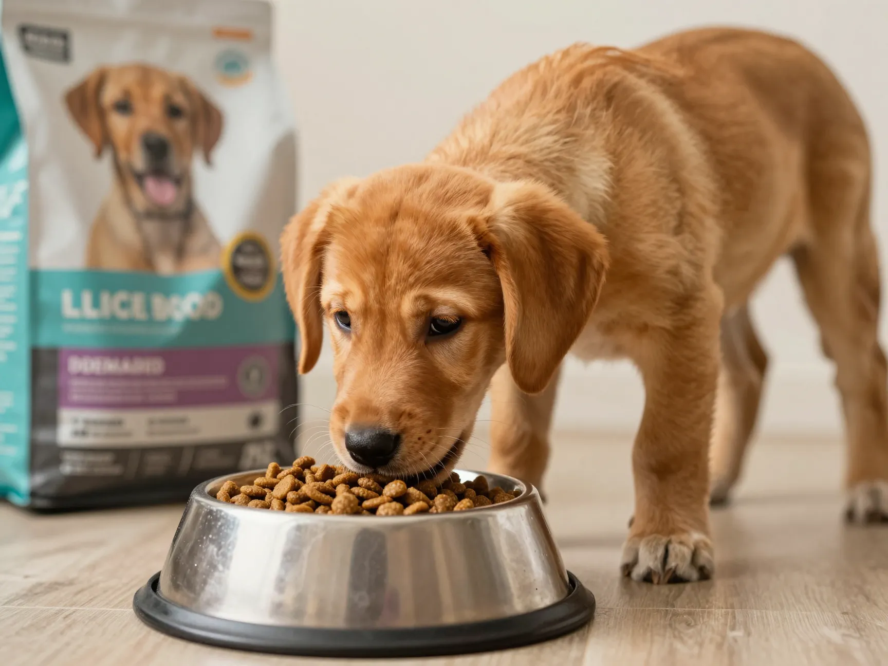Fox red lab puppy eating from a bowl of large breed puppy formula kibble