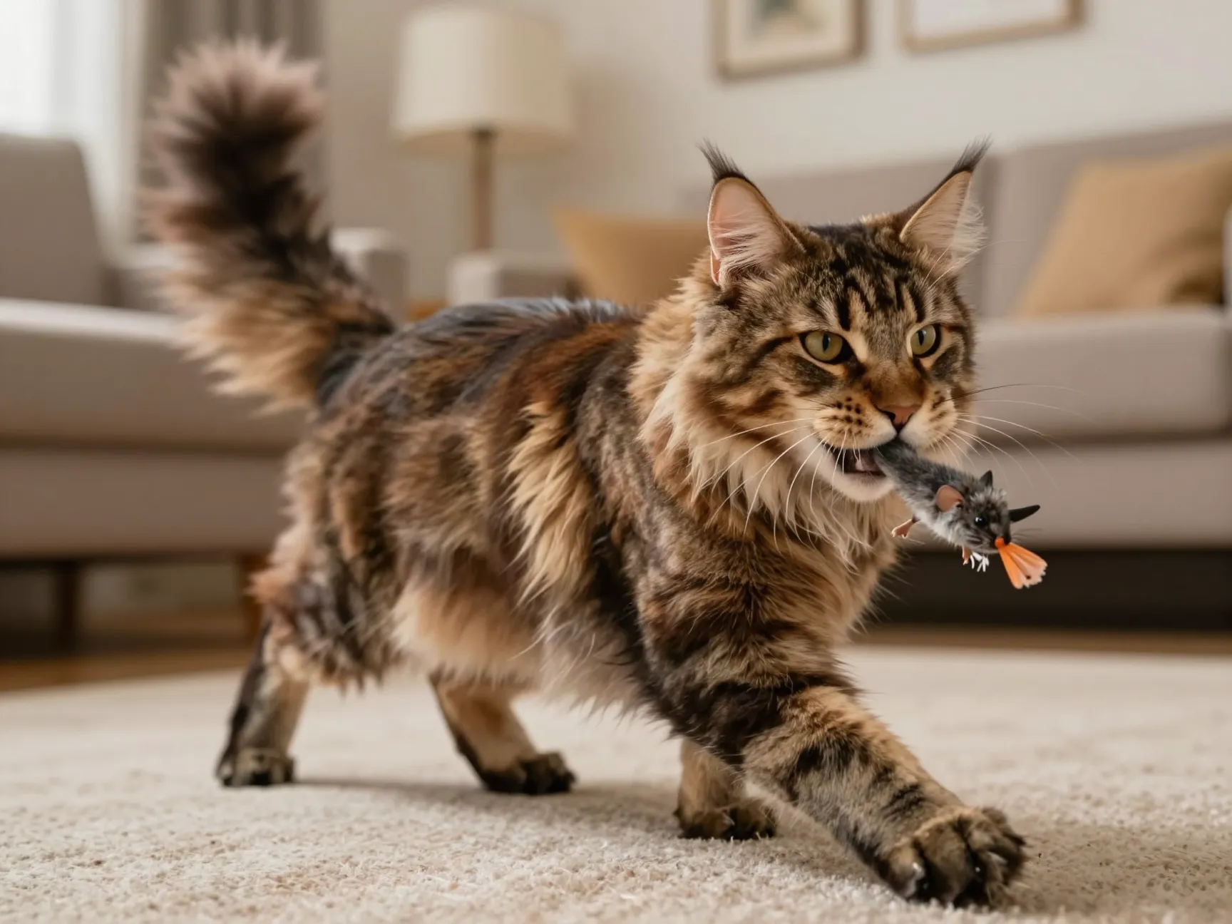 Large maine coon cat with thick coat playing fetch in a family room