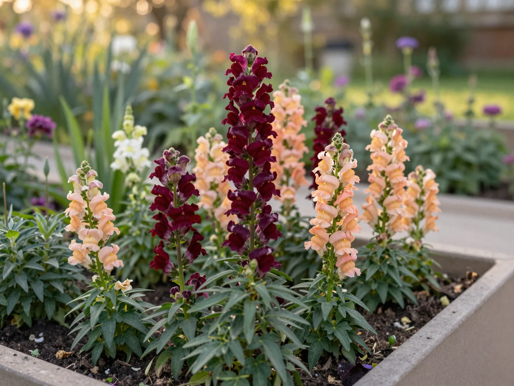 Tall snapdragon spikes in burgundy peach cottage garden