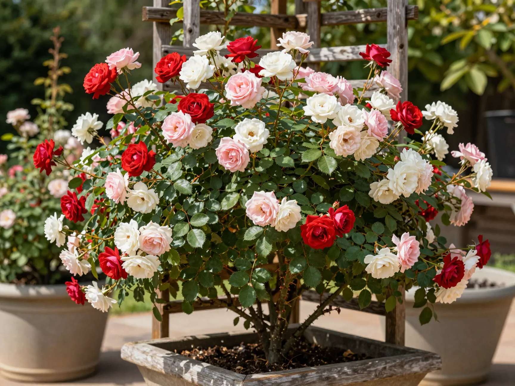 Organic red pink white roses climbing garden trellis