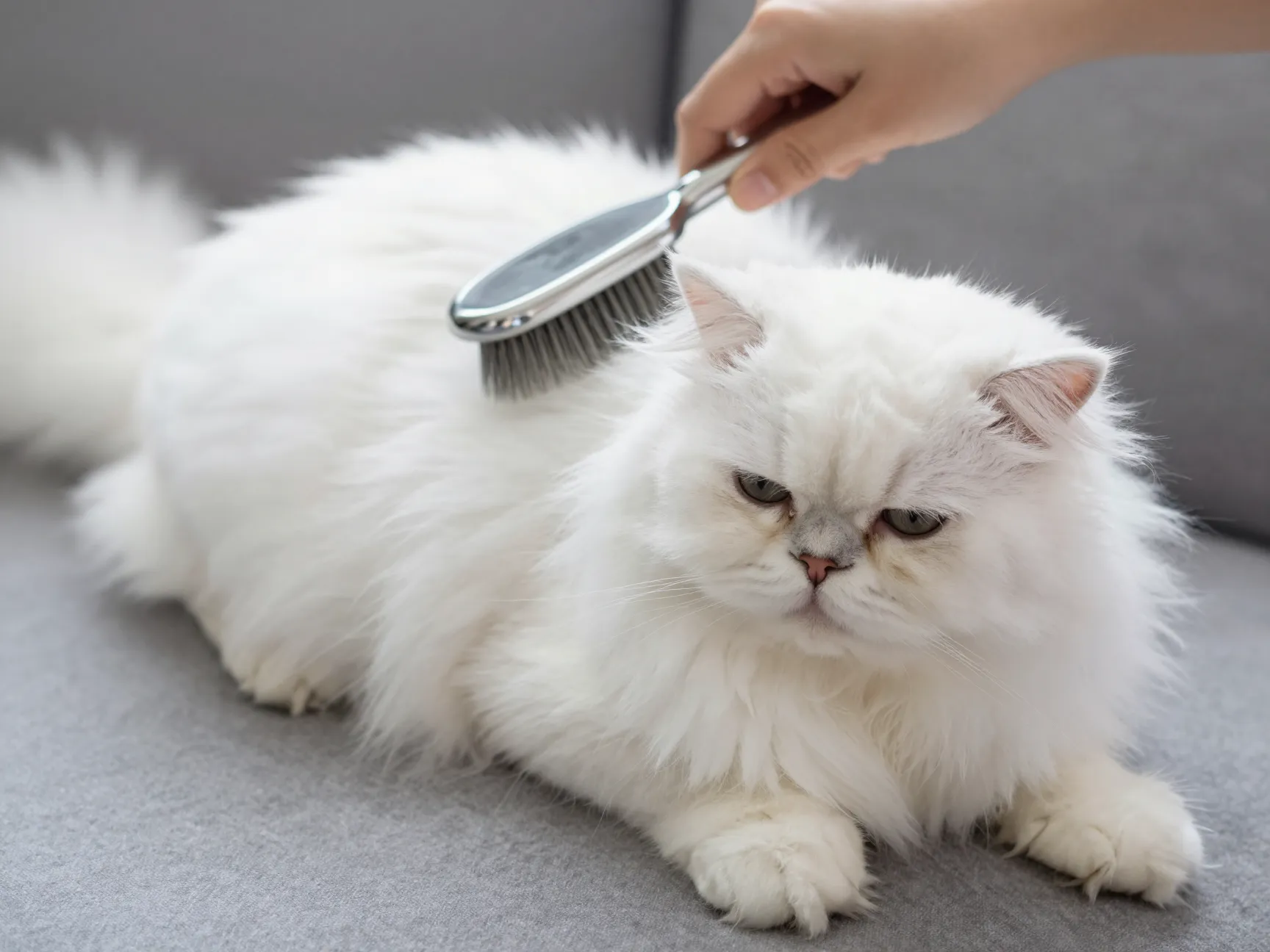 Persian cat with long white fur being gently brushed on a lap
