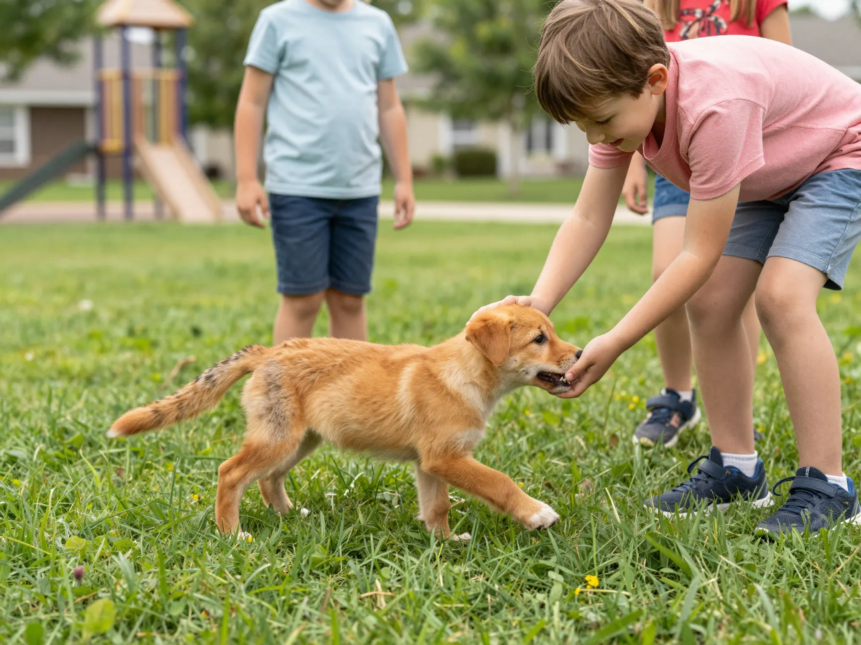 Young fox red lab puppy socializing with children in a sunny suburban park