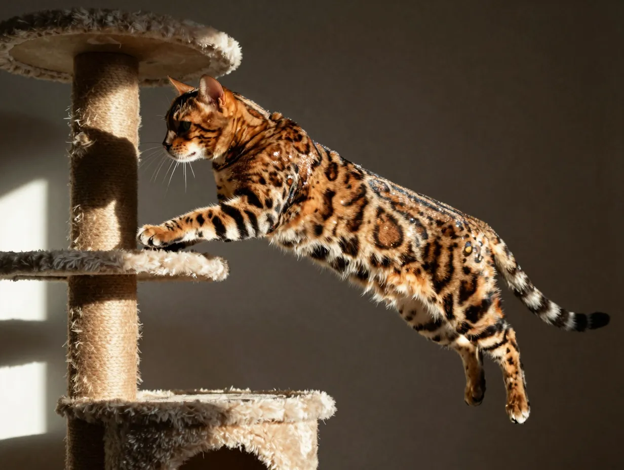 Bengal cat with glittering spotted coat leaping onto a cat tree