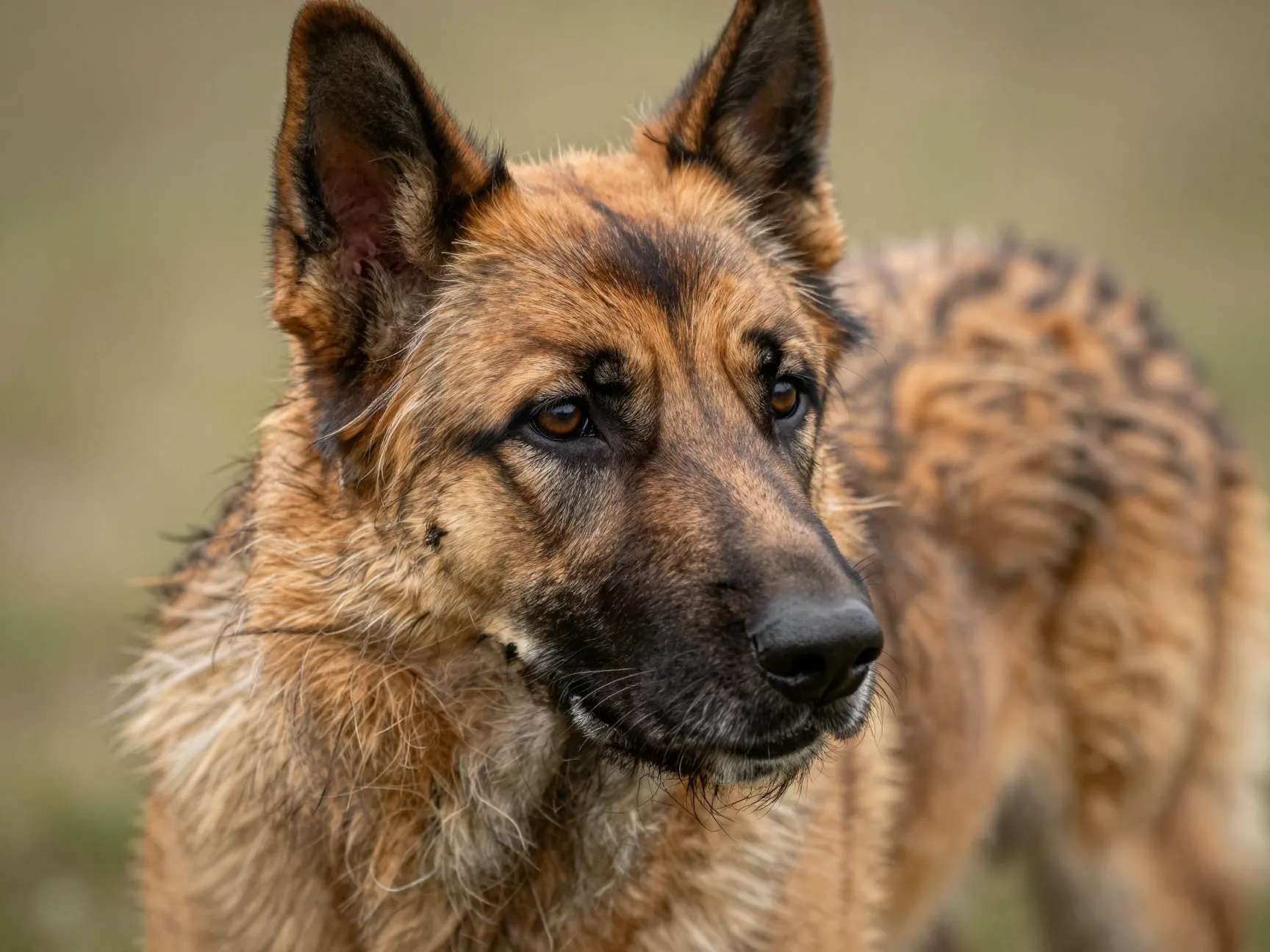 Laekenois belgian shepherd with rough wiry fawn coat closeup