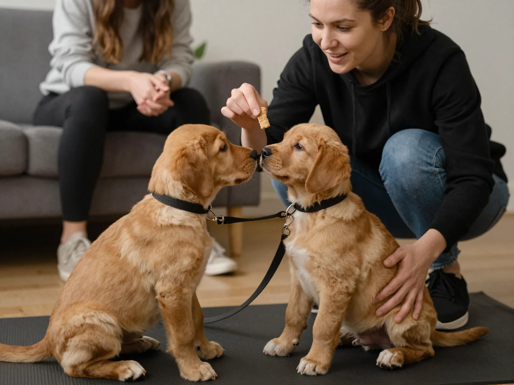 Owner using positive reinforcement to train a fox red lab puppy with treats