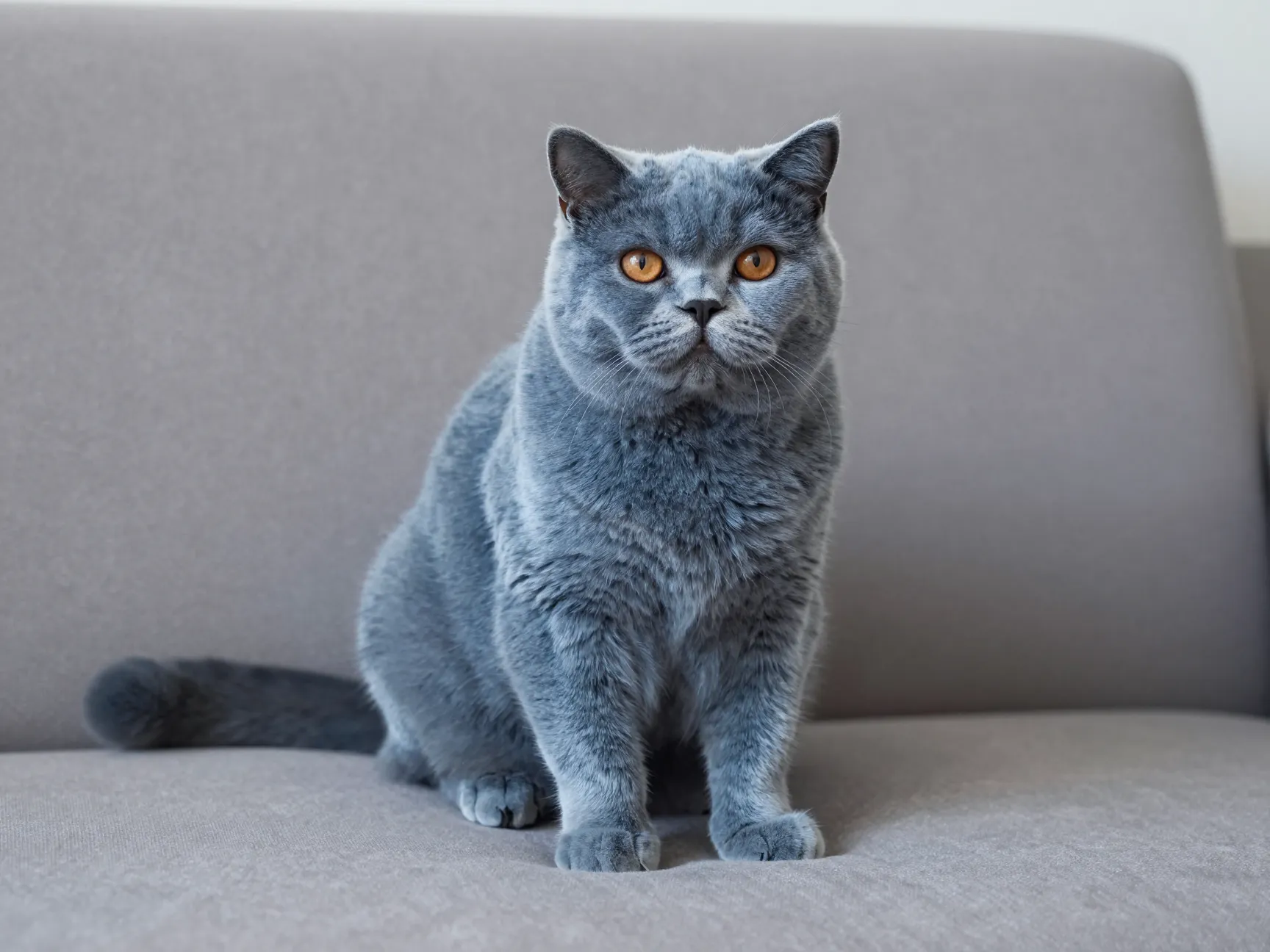 British shorthair cat with plush blue coat resting on a sofa