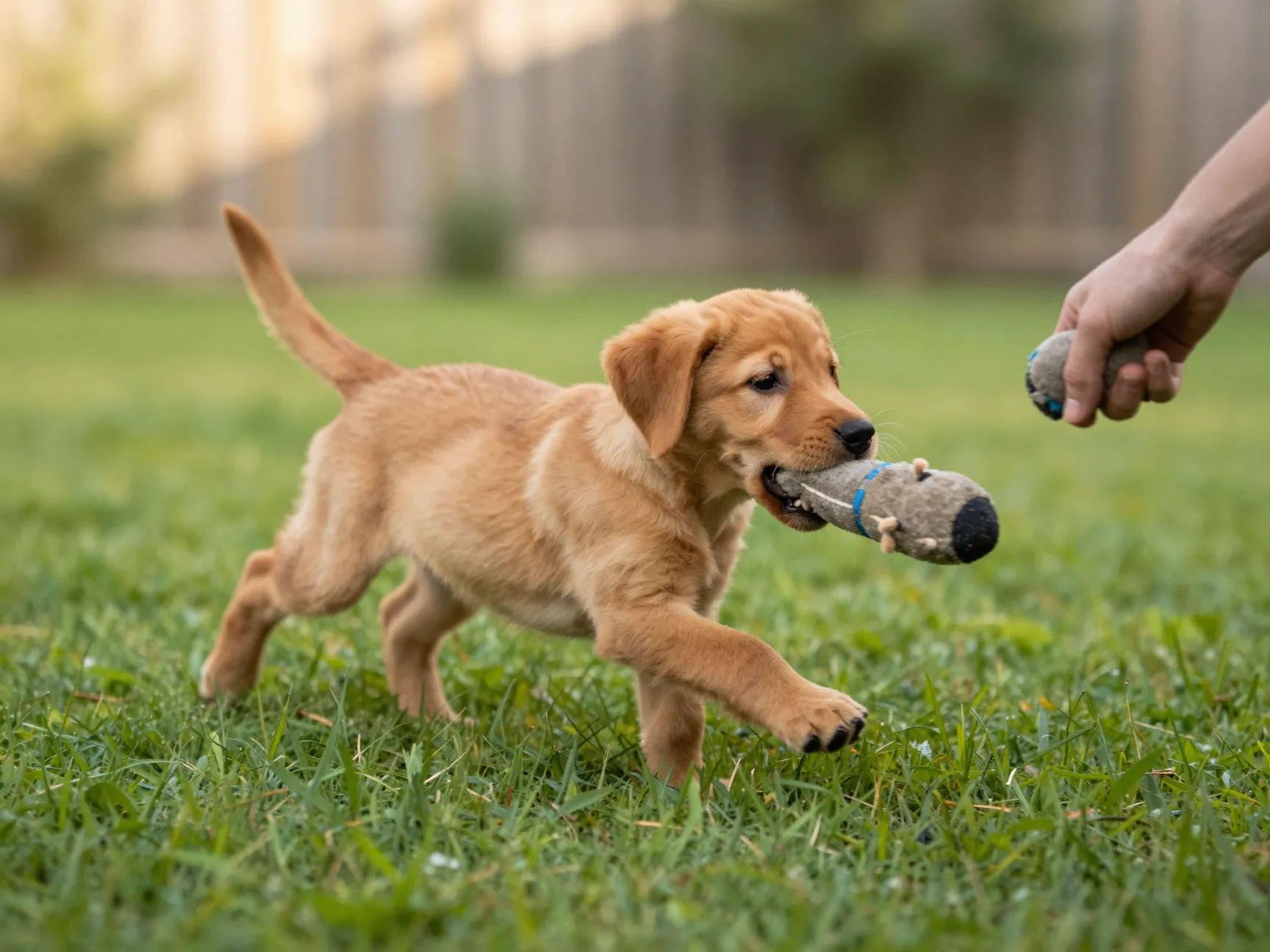 Fox red lab puppy playing gentle fetch on a soft grassy lawn