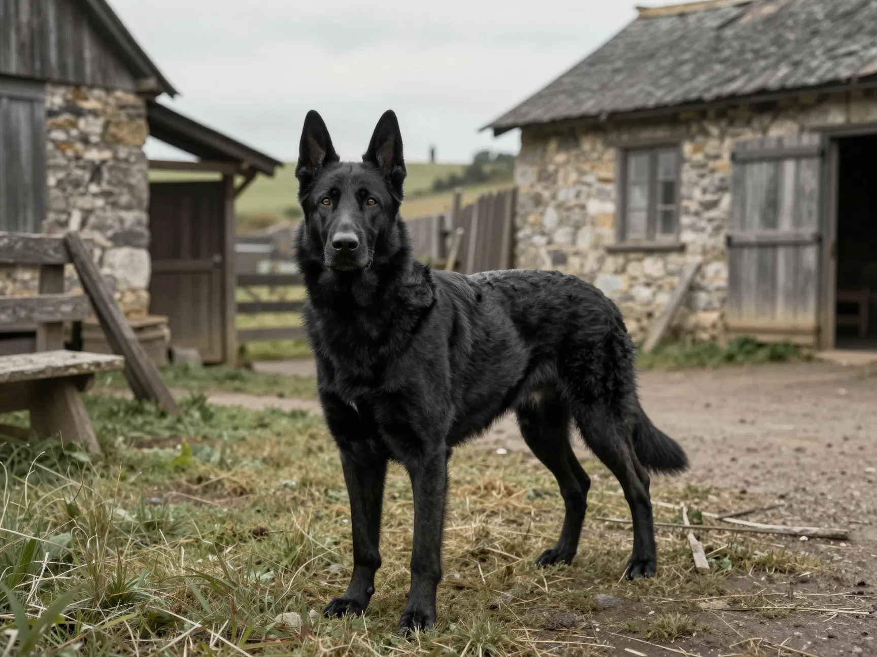 Historical short haired black belgian shepherd pastoral setting