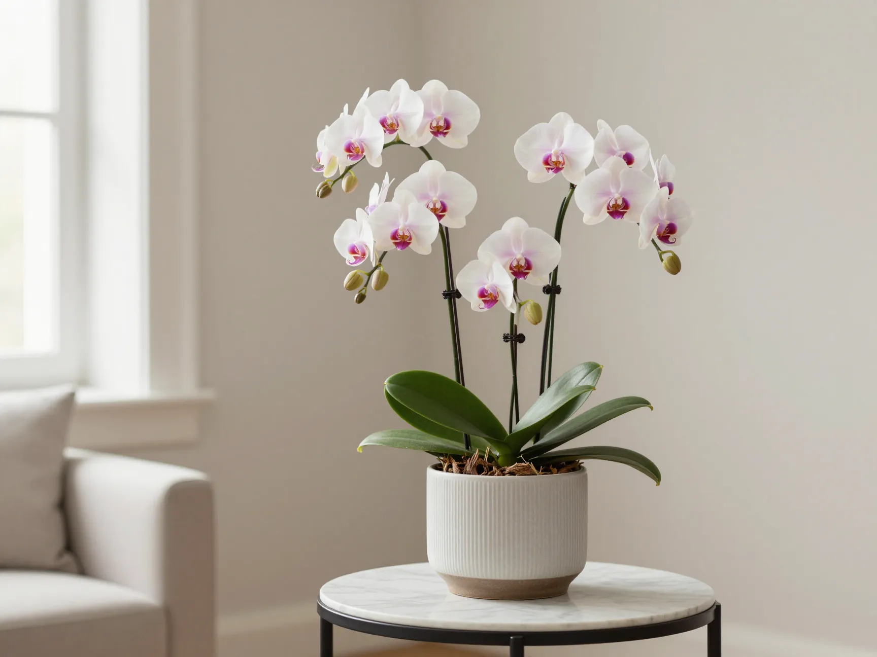 Elegant white pink orchids in pot on living room table