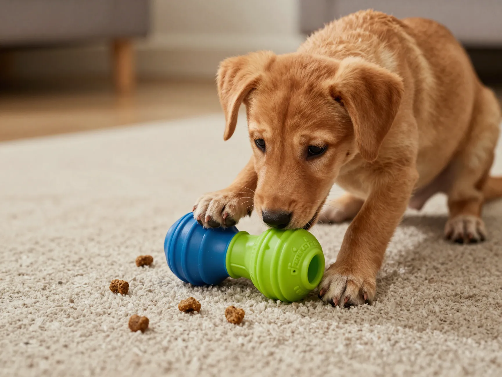 Fox red lab puppy engaged with a food dispensing puzzle toy on a rug