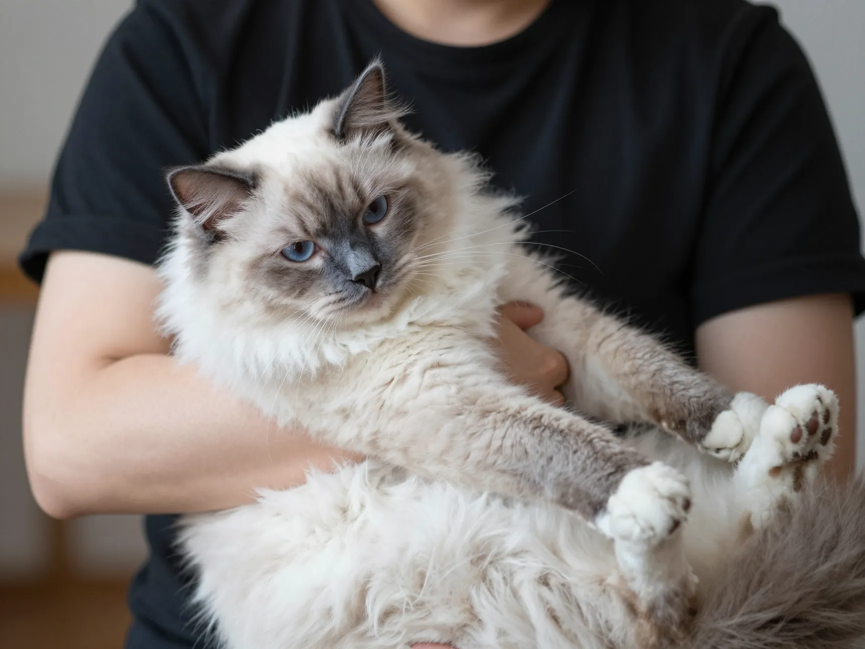 Ragdoll cat with blue point coat going limp while being held