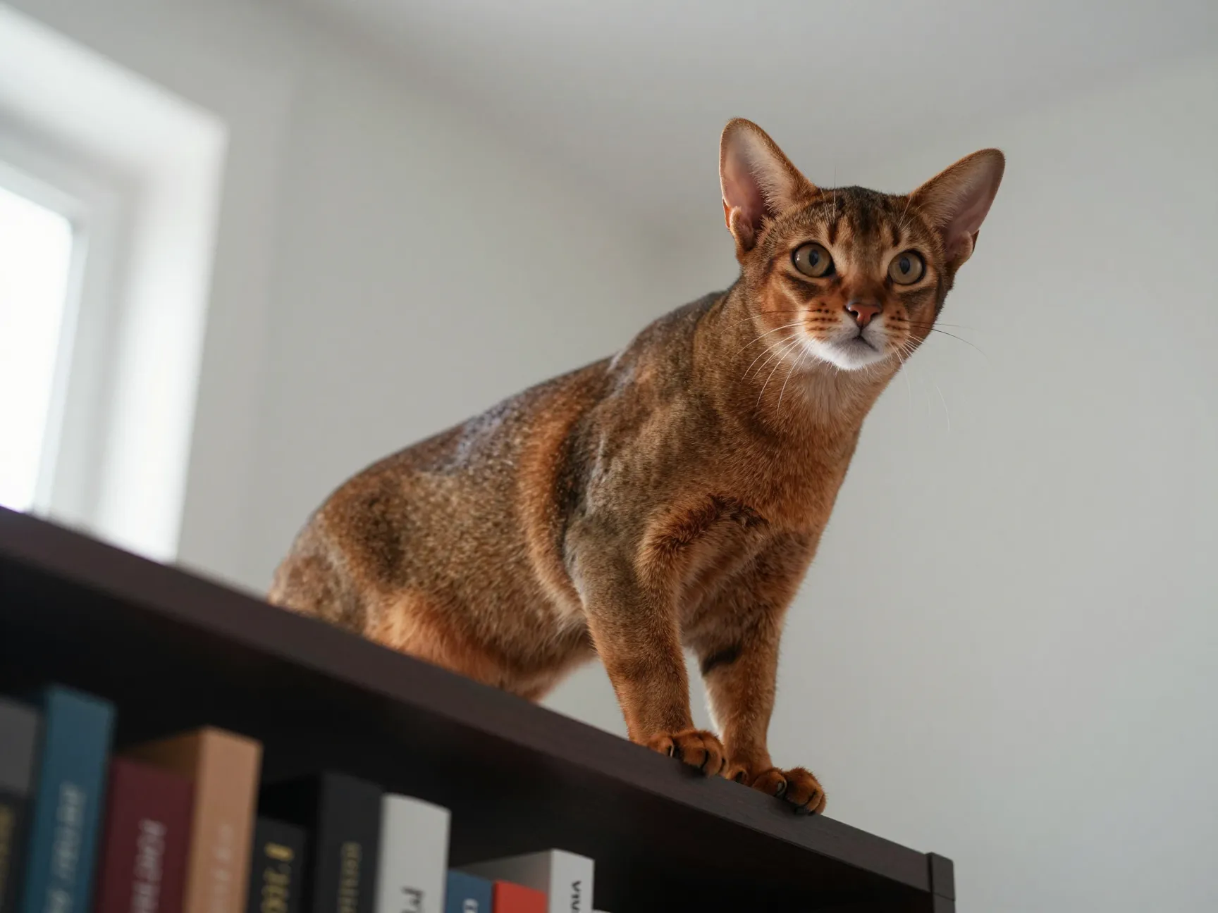 Abyssinian cat with ticked coat perched on top of a bookshelf