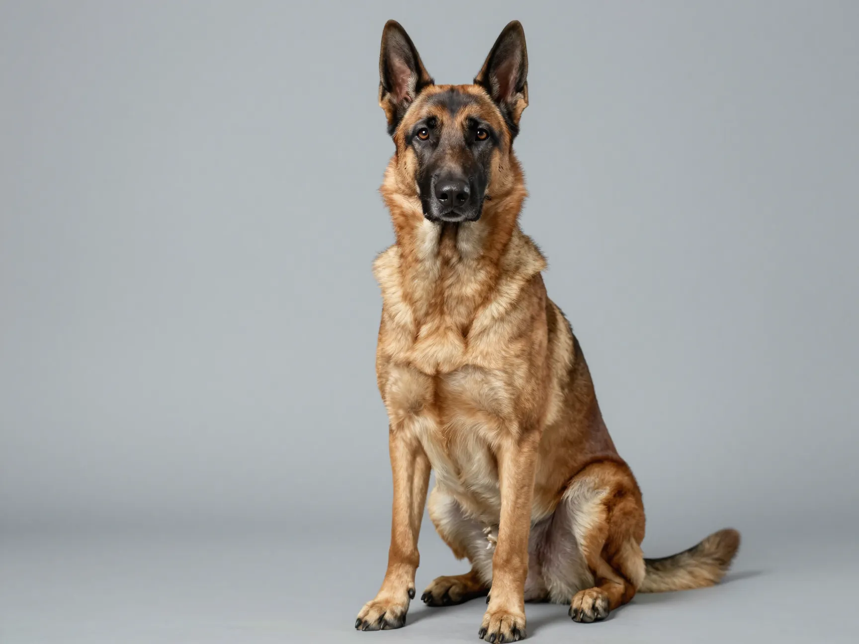 Smooth coated fawn belgian shepherd without black mask sitting