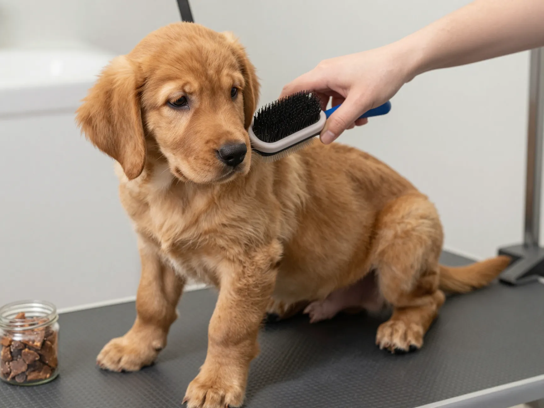 Weekly grooming session brushing a fox red lab puppy with a rubber curry brush