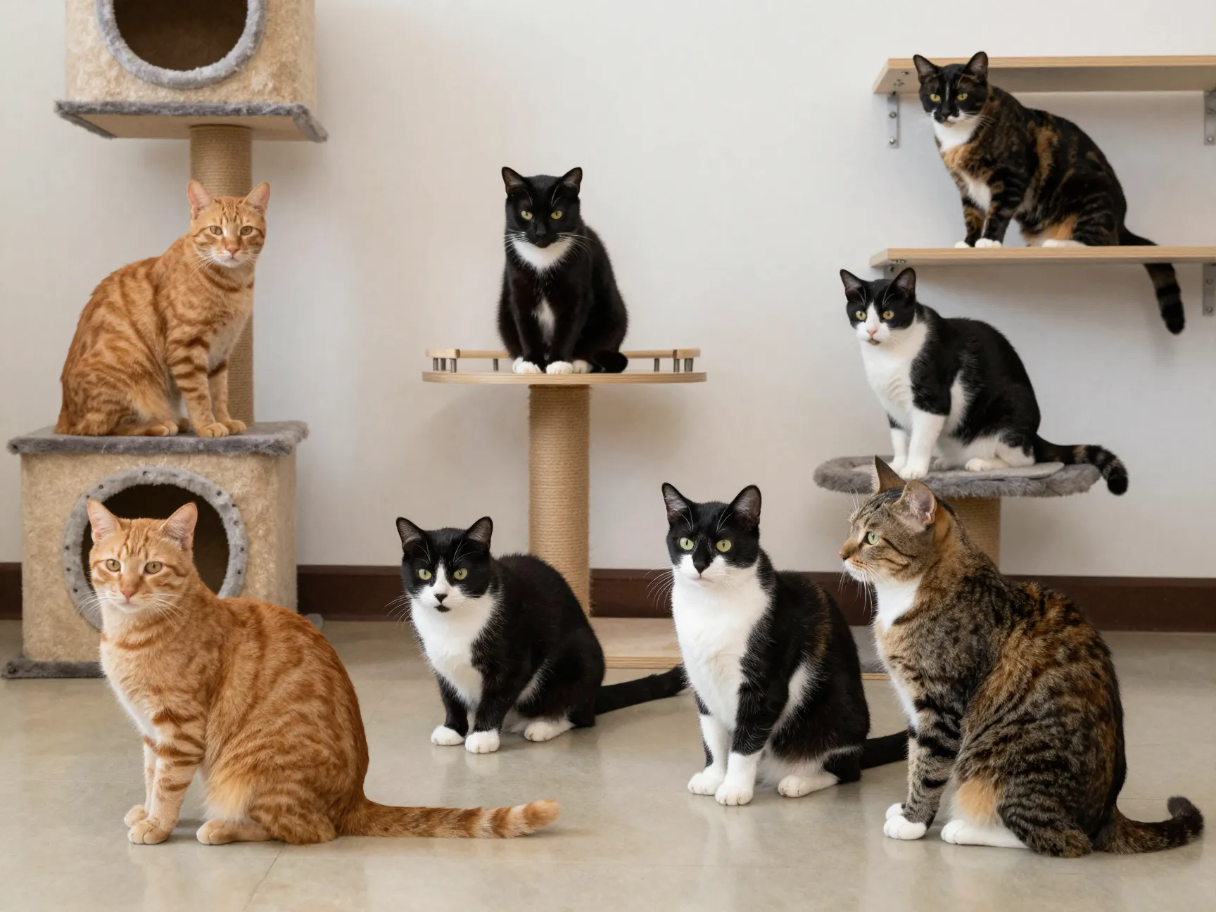 Diverse group of domestic shorthair cats in a shelter room