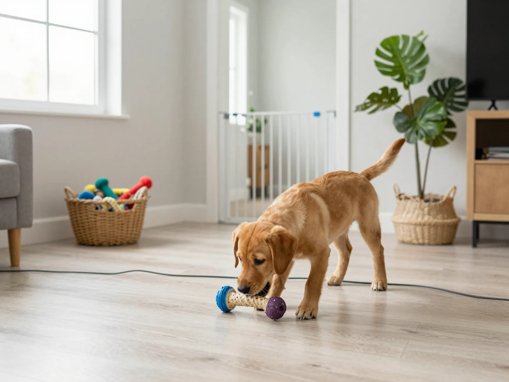 Puppy proofed living room with a fox red lab puppy chewing a safe toy