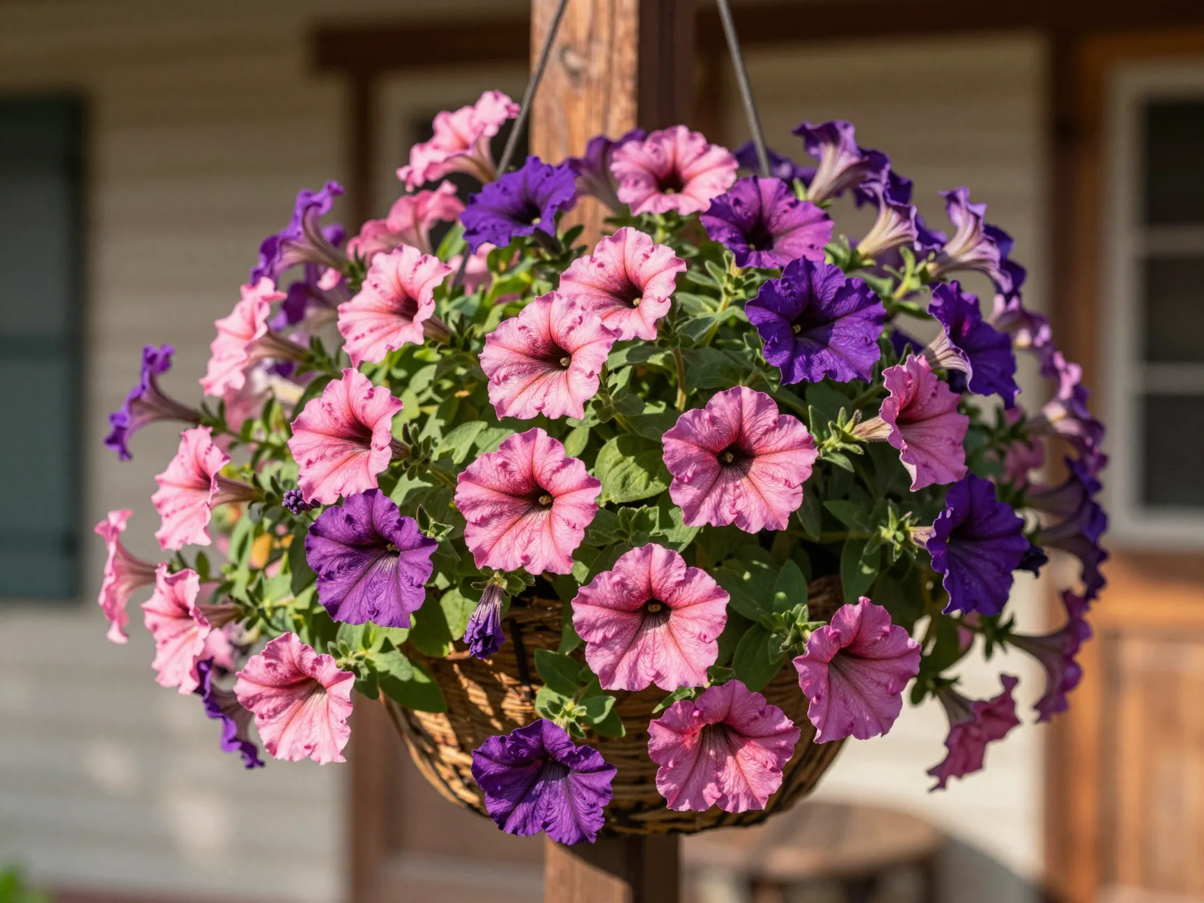 Purple pink striped petunias in hanging basket on porch