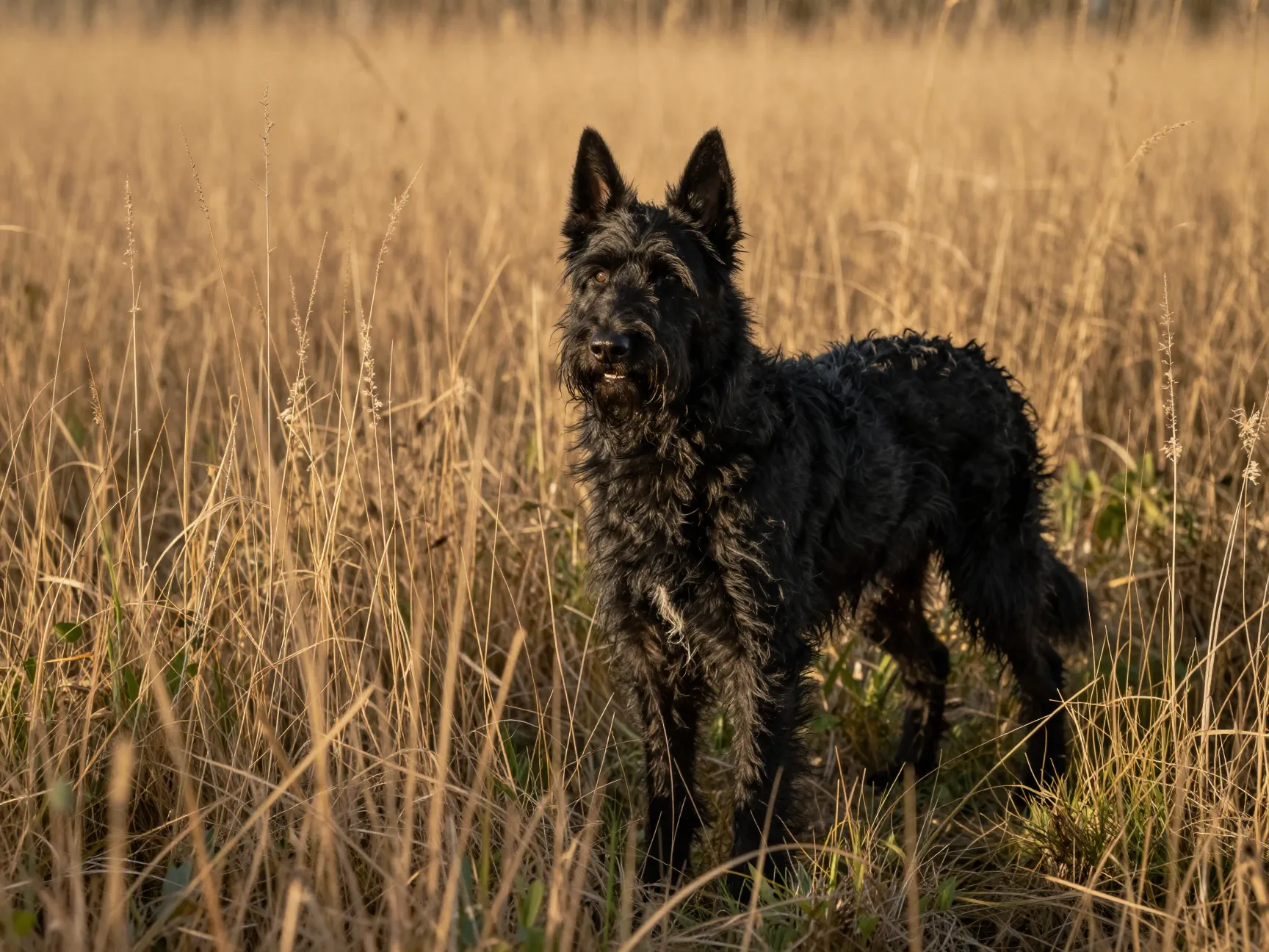 Wire haired black belgian shepherd historical variety tall grass
