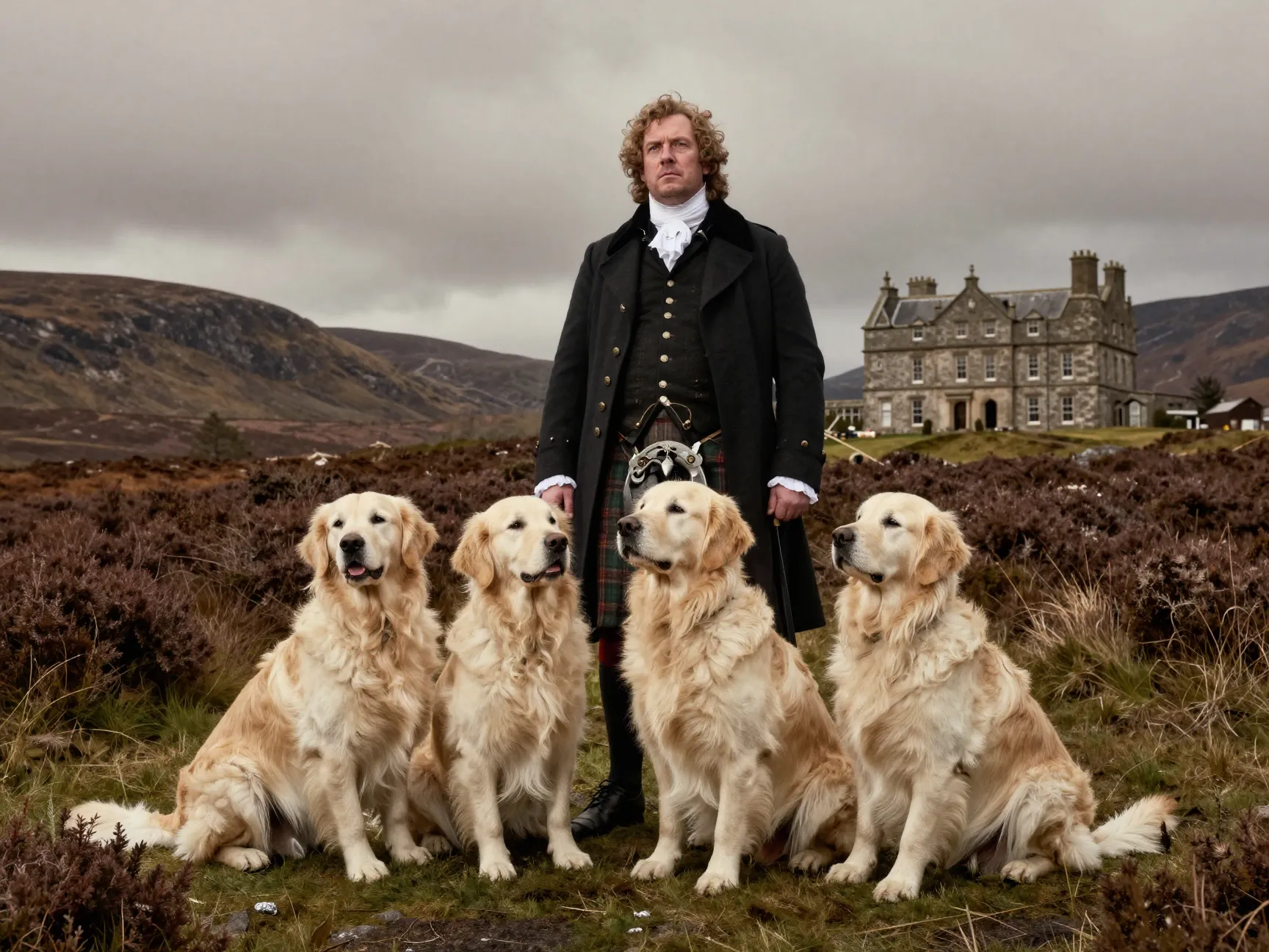 Scottish lord with his cream colored retrievers in rugged highland landscape