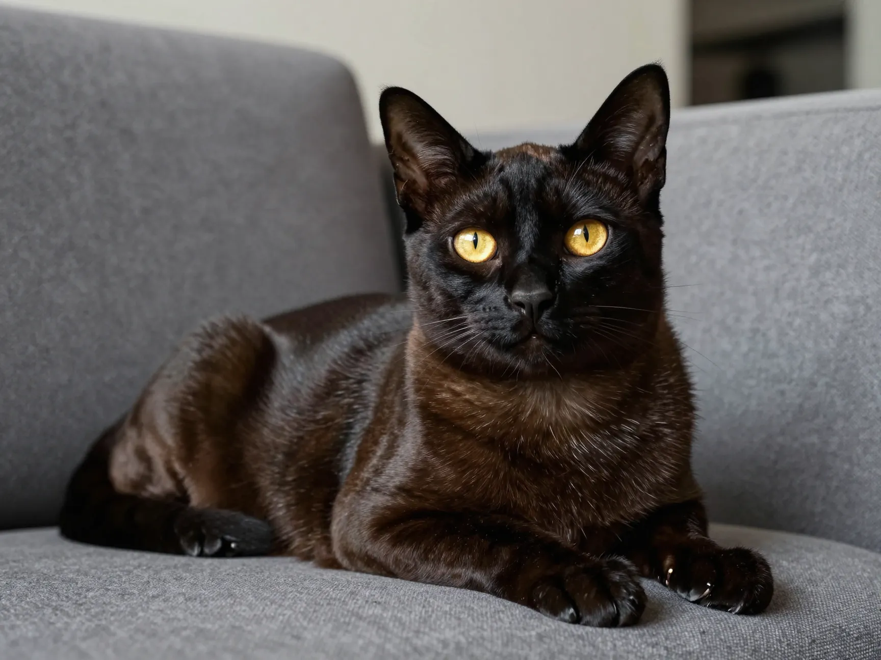 Sleek bombay cat on modern couch with gleaming gold eyes