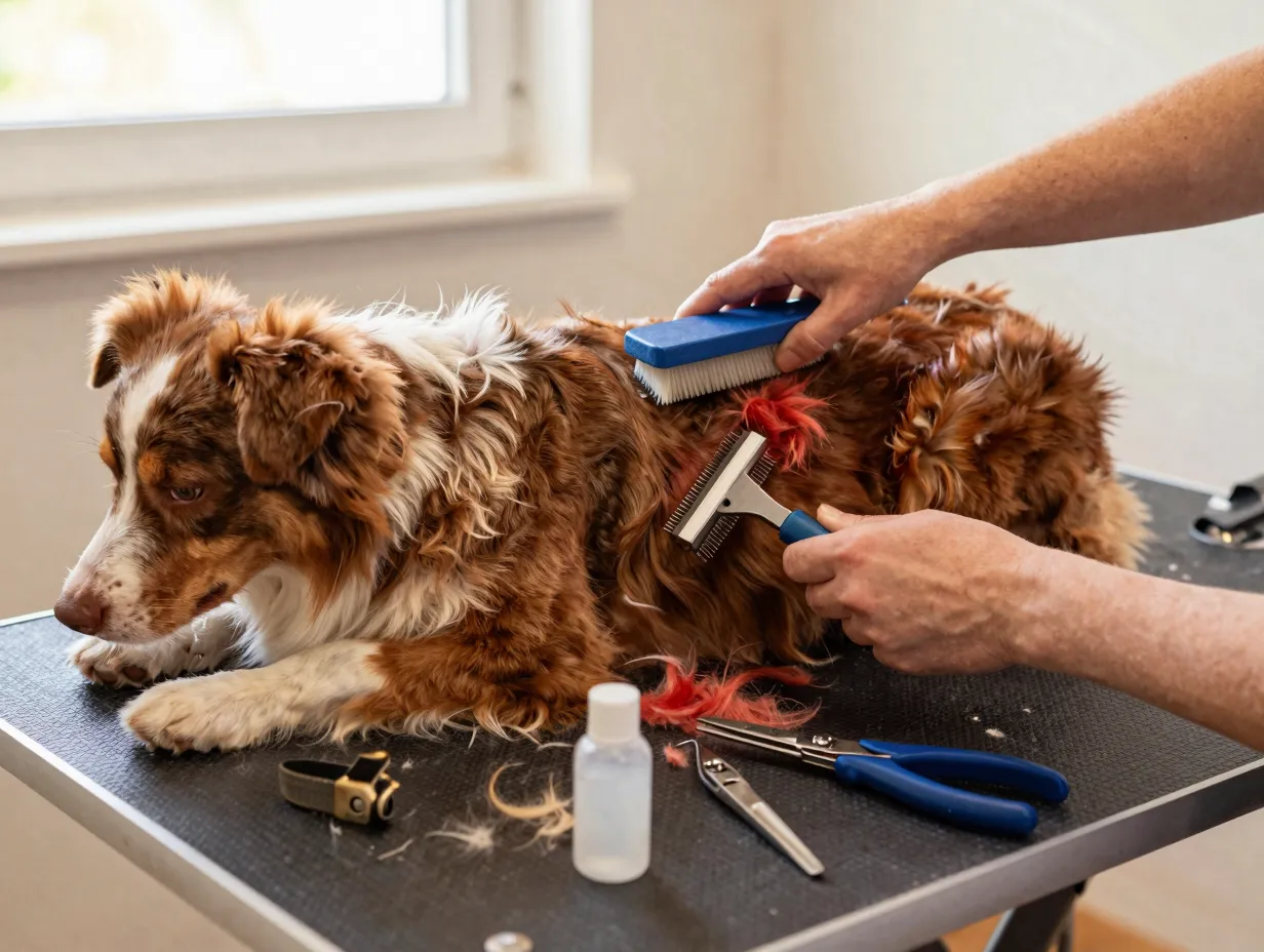 Grooming red merle mini aussie double coat slicker brush undercoat rake