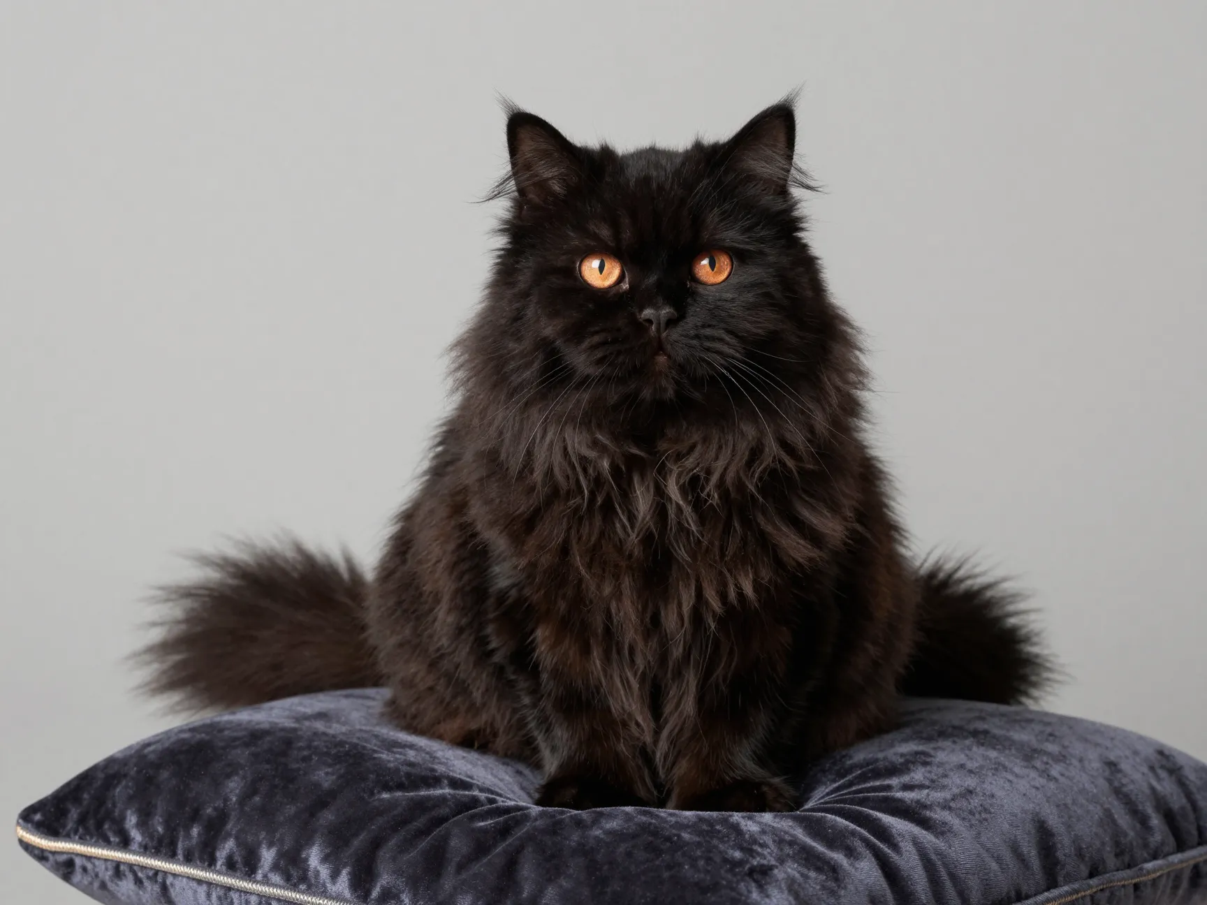 Rare black persian cat with long fur and copper eyes indoors