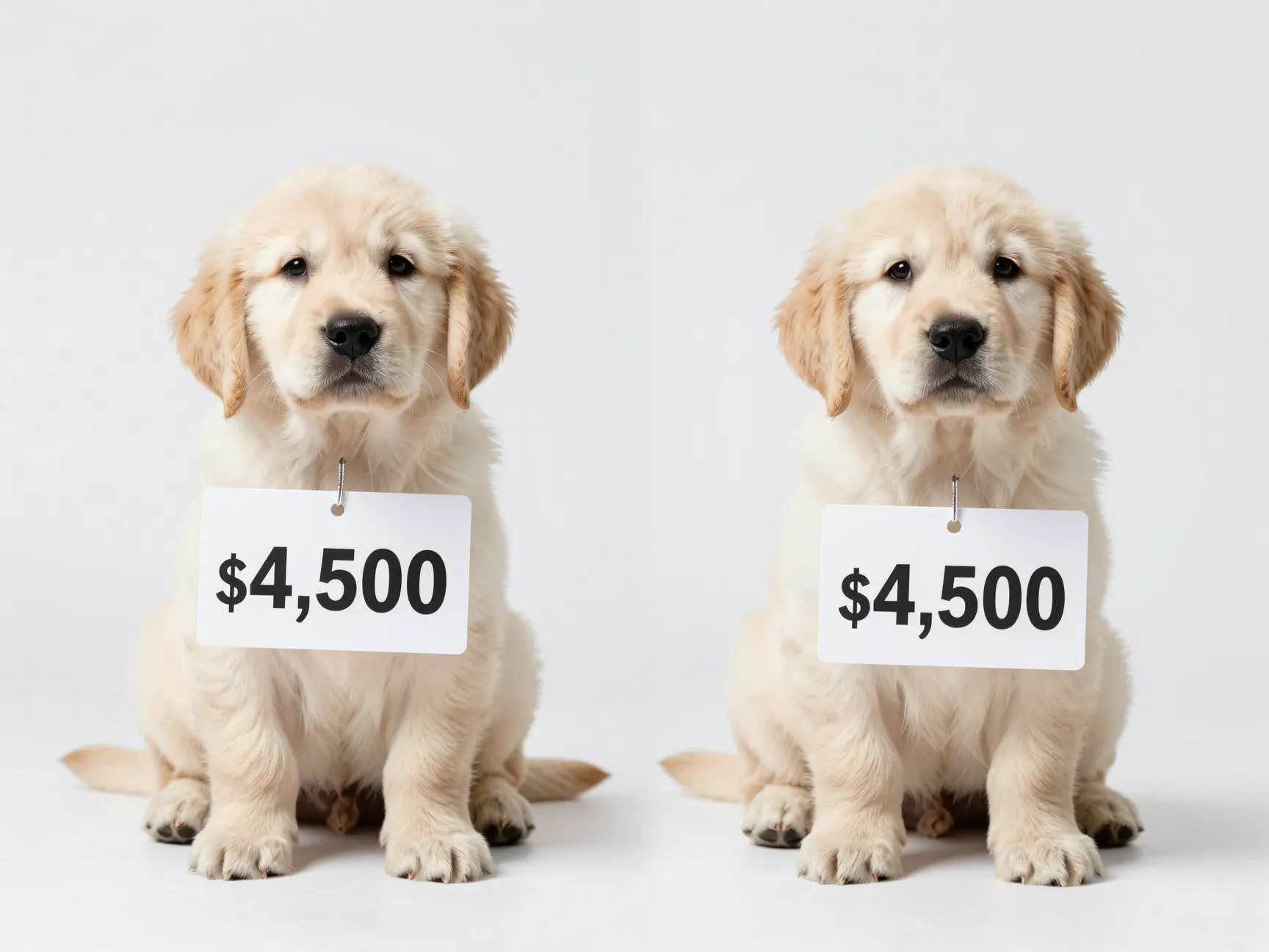 Two identical cream golden retriever puppies on a sales platform with price tags