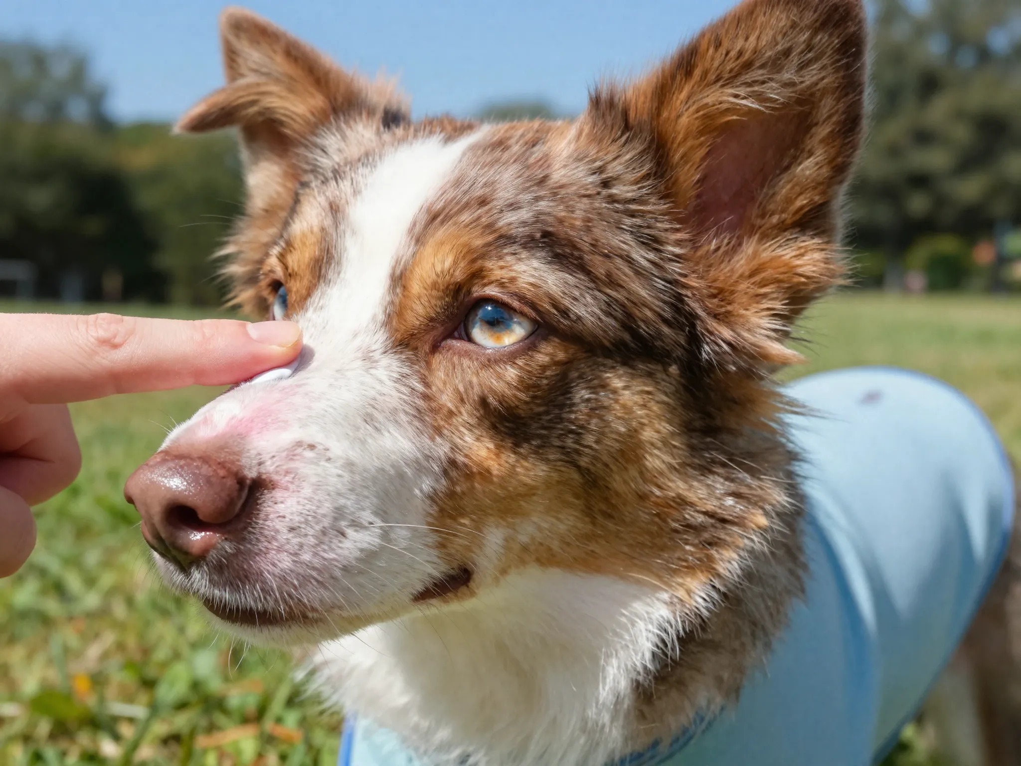 Applying pet sunscreen red merle dog nose pink skin uv protection