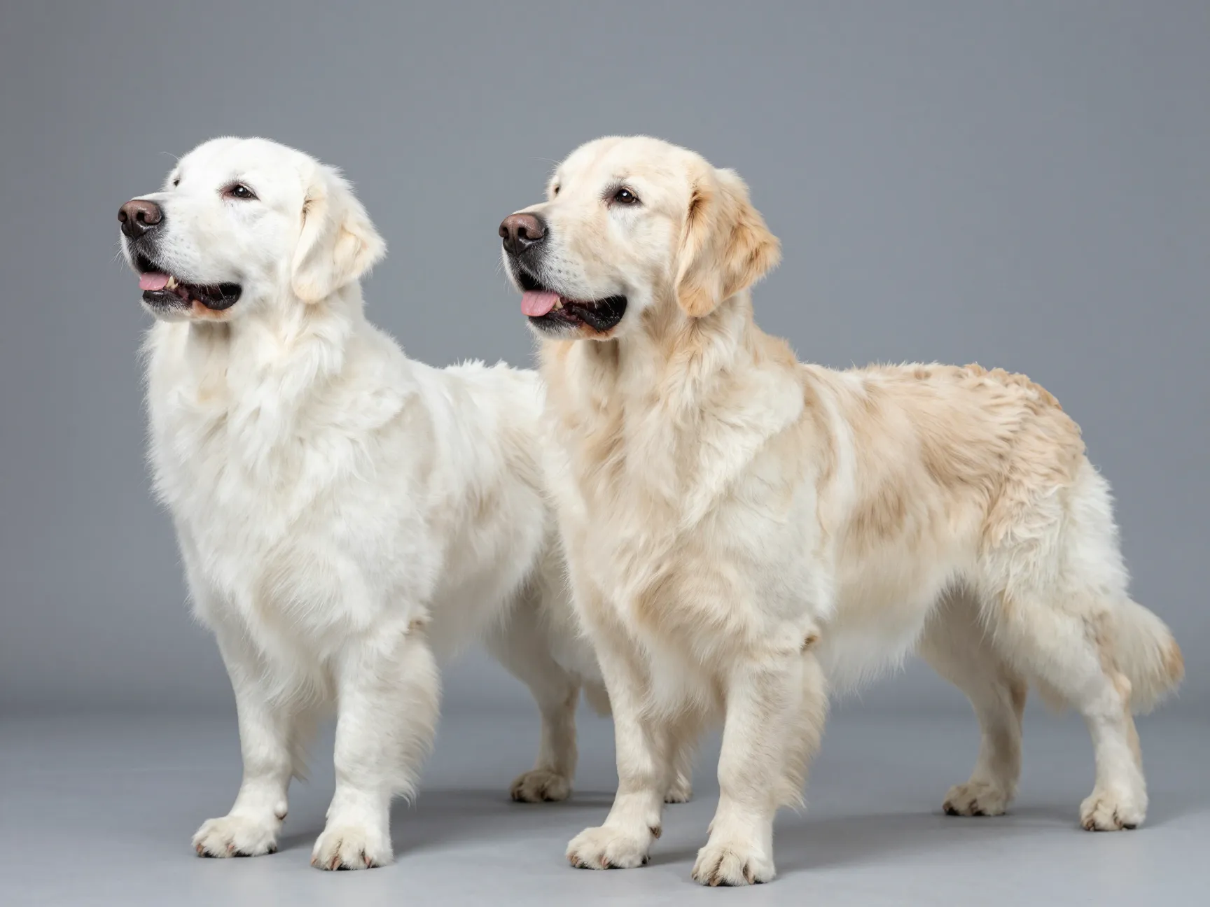 Disqualified pale white golden retriever beside a breed standard cream colored dog