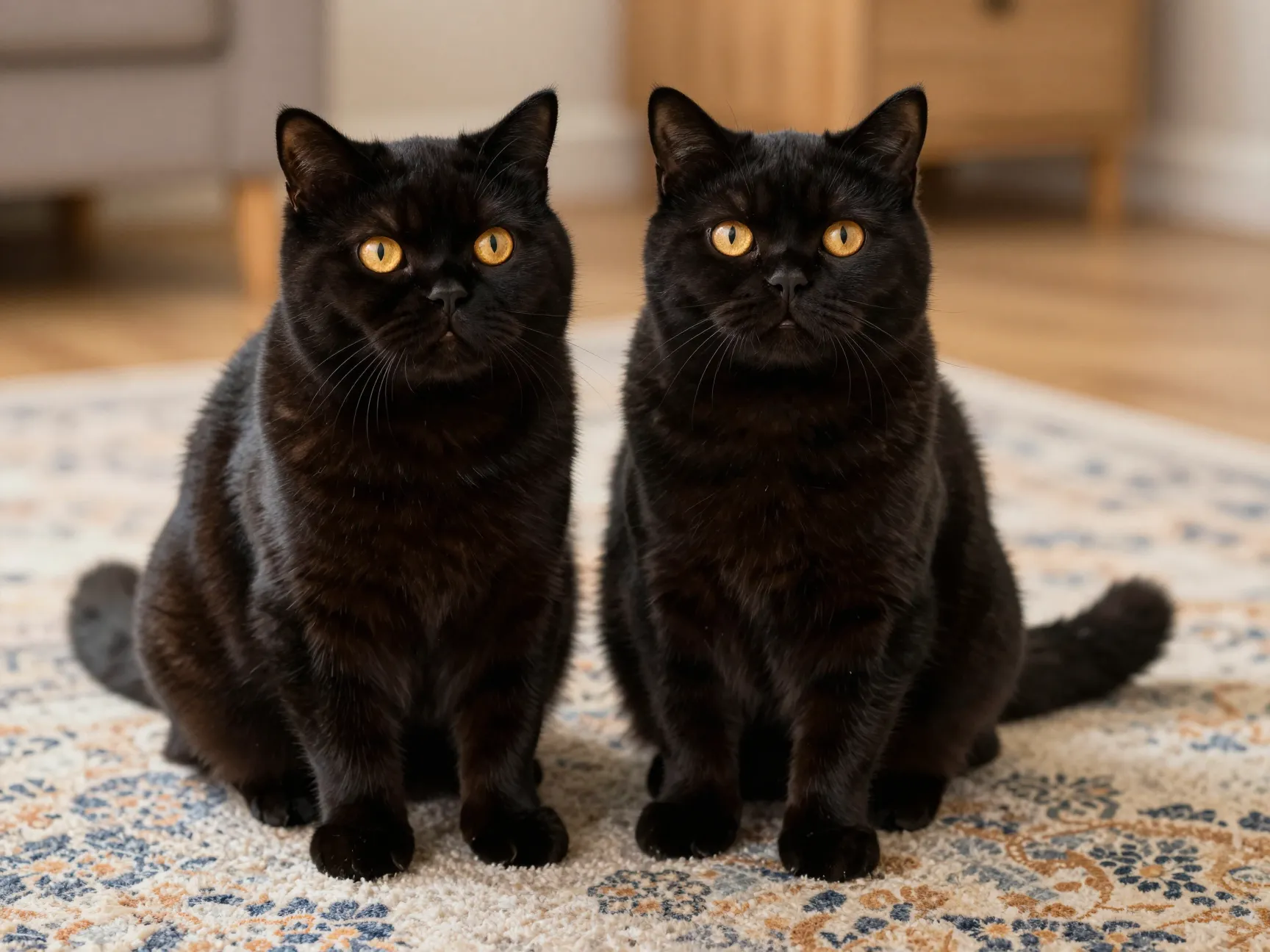 Plush british shorthair black cat with gold eyes on a rug