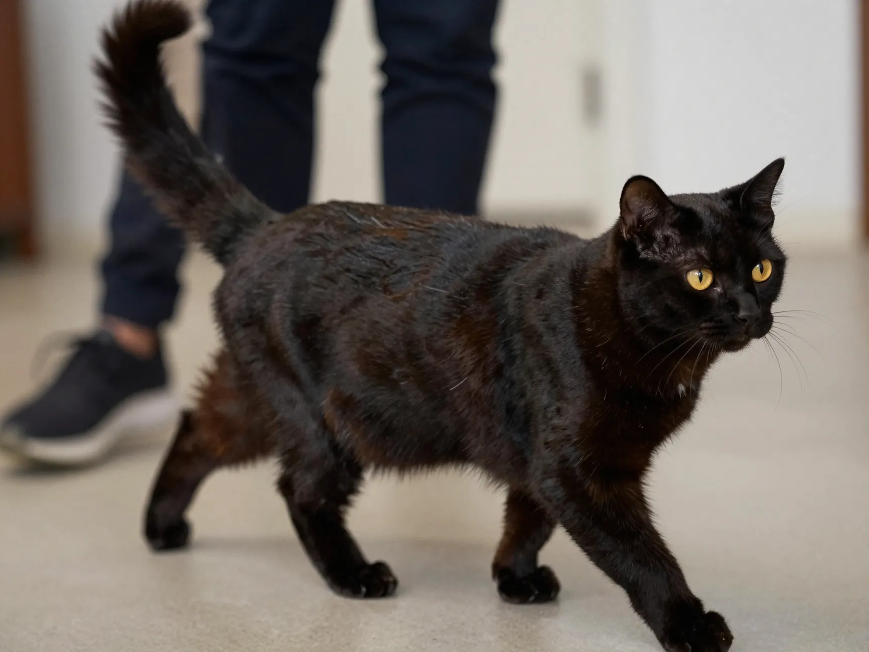 Loyal chantilly tiffany cat with silky black coat following owner