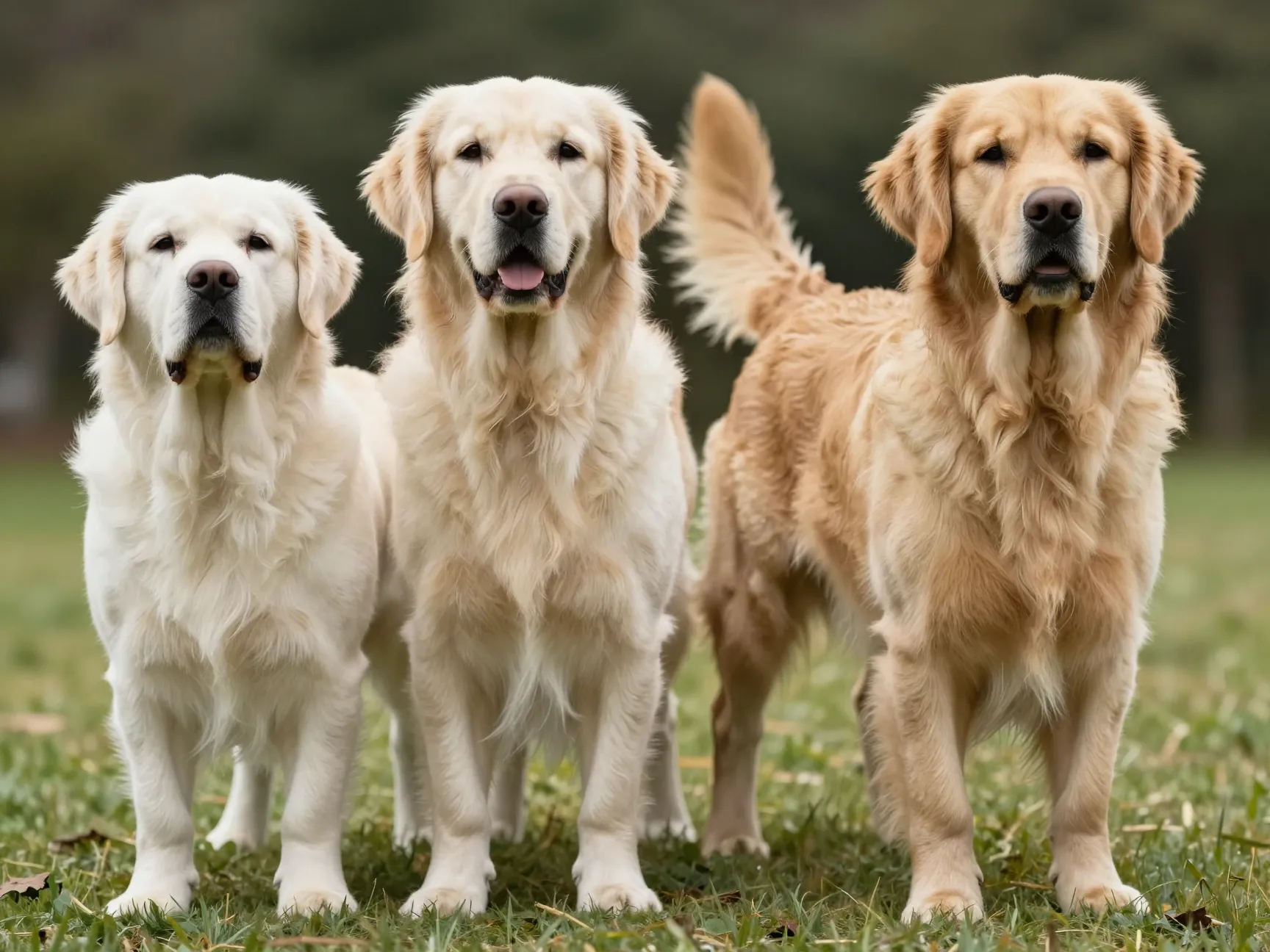 Stocky cream golden retriever and lean american golden standing side by side