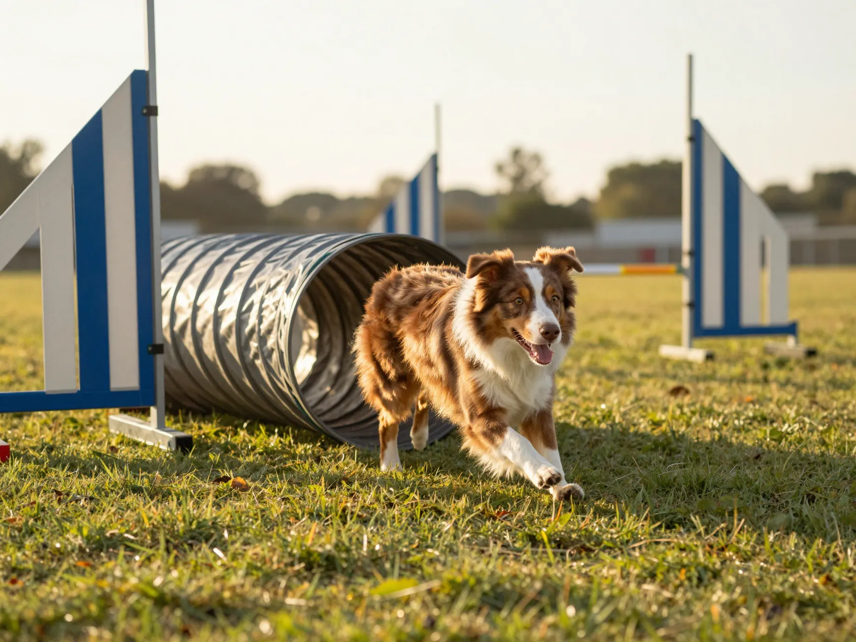 Red merle mini aussie running agility tunnel grassy field